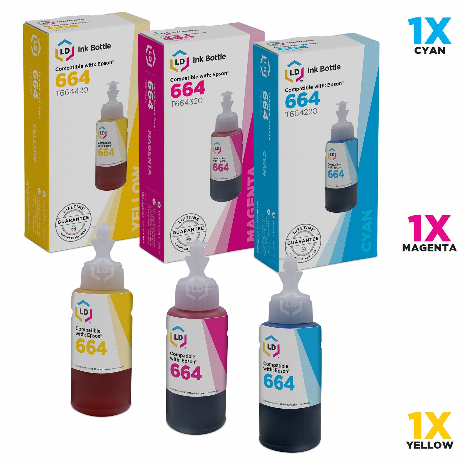 LD Compatible Epson 664 / T664 Set of 3 Ink Bottles: 1 T664220 Cyan, 1 T664320