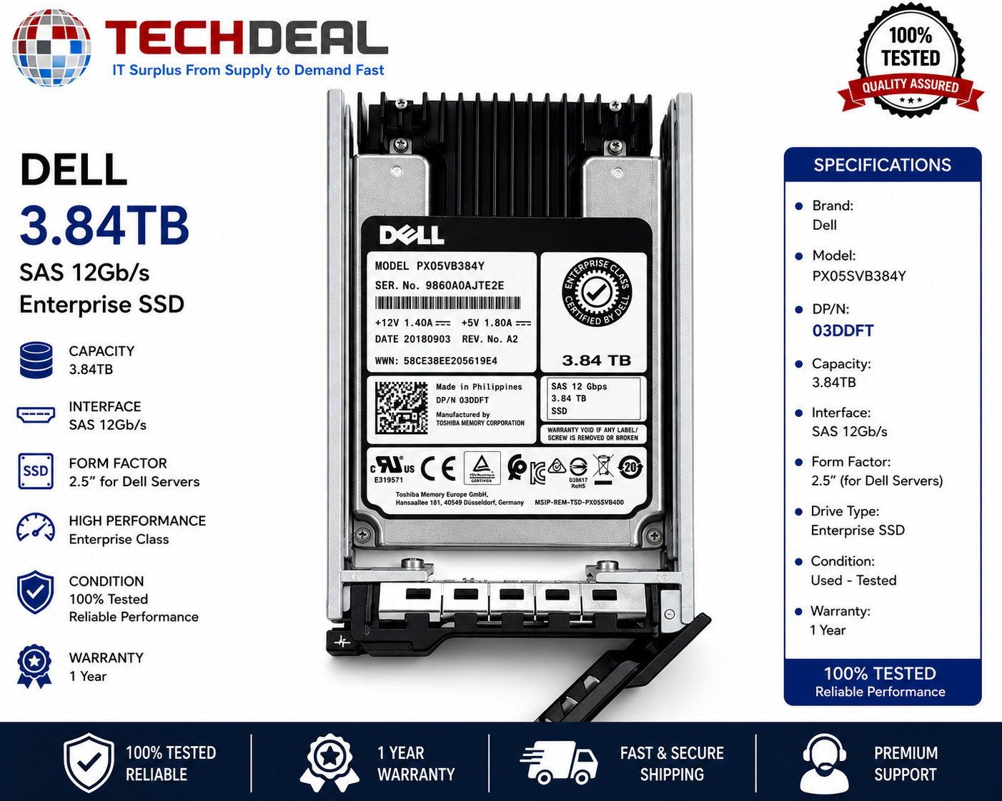 Dell Toshiba 3.84TB SAS 12Gb/s 2.5" Enterprise SSD PX05SVB384Y 03DDFT w/ Tray