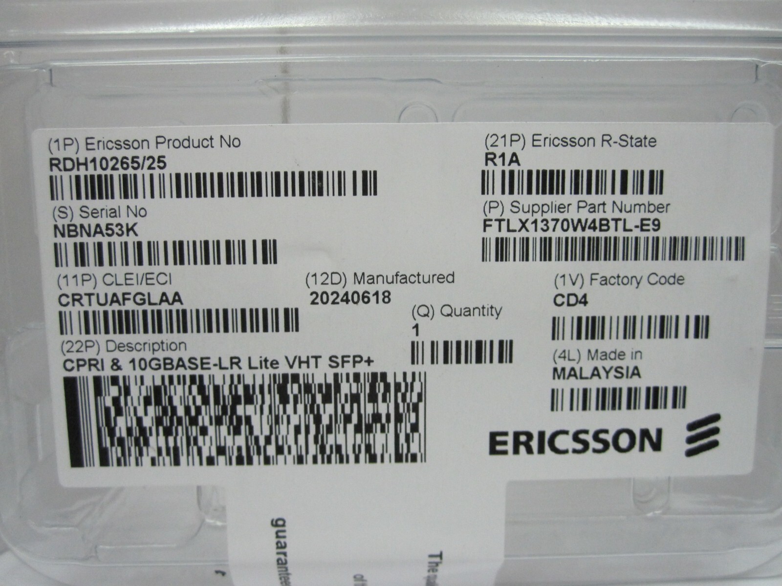 Ericsson RDH10265/25 Optical Transceiver/SFP+ CPRI 10GBase-LR lite RDH 102 65/25
