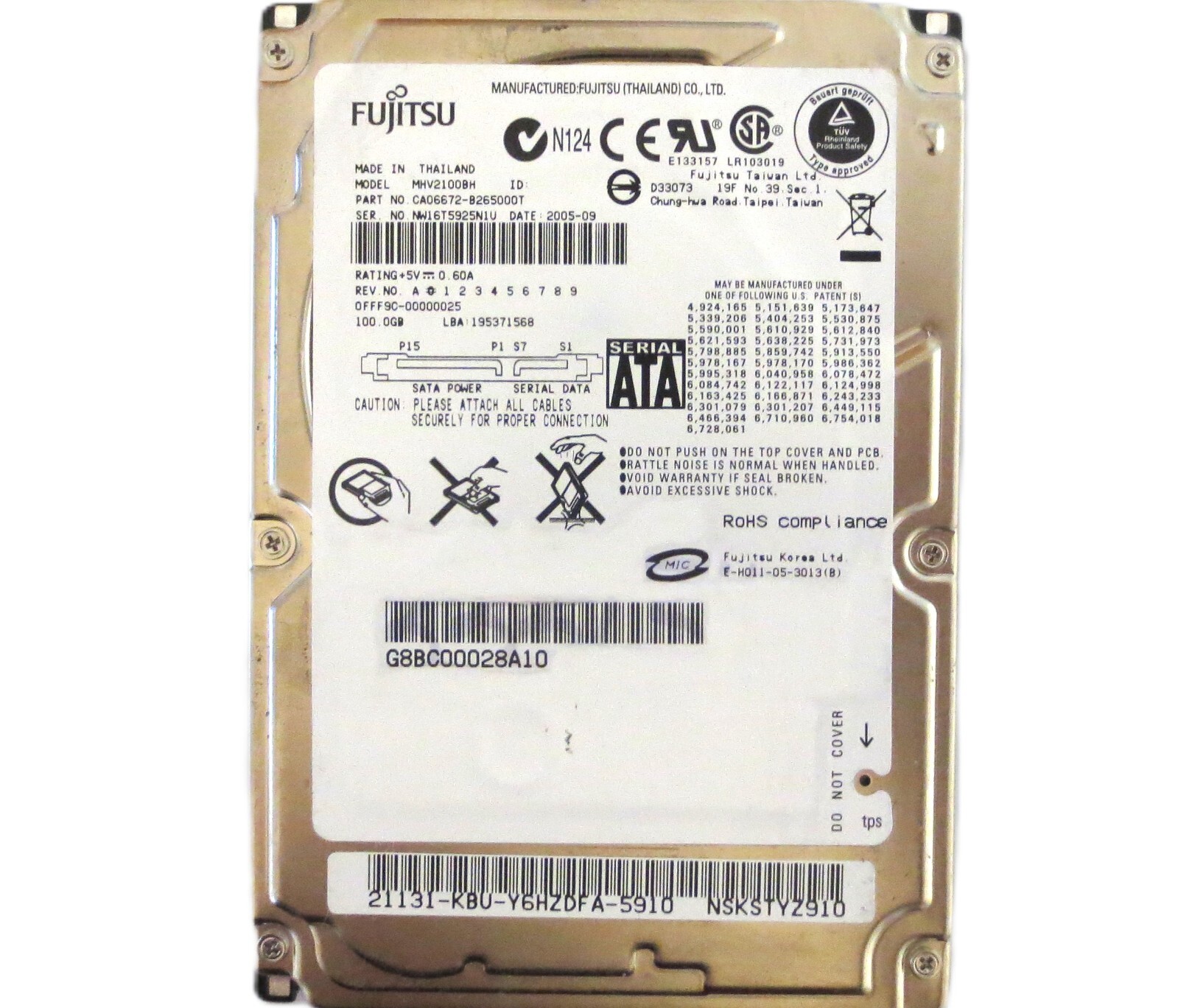 Fujitsu MHV2100BH CA06672-B265000T 0FFF9C-00000025 (NW1) Thailand 100gb 2005-09
