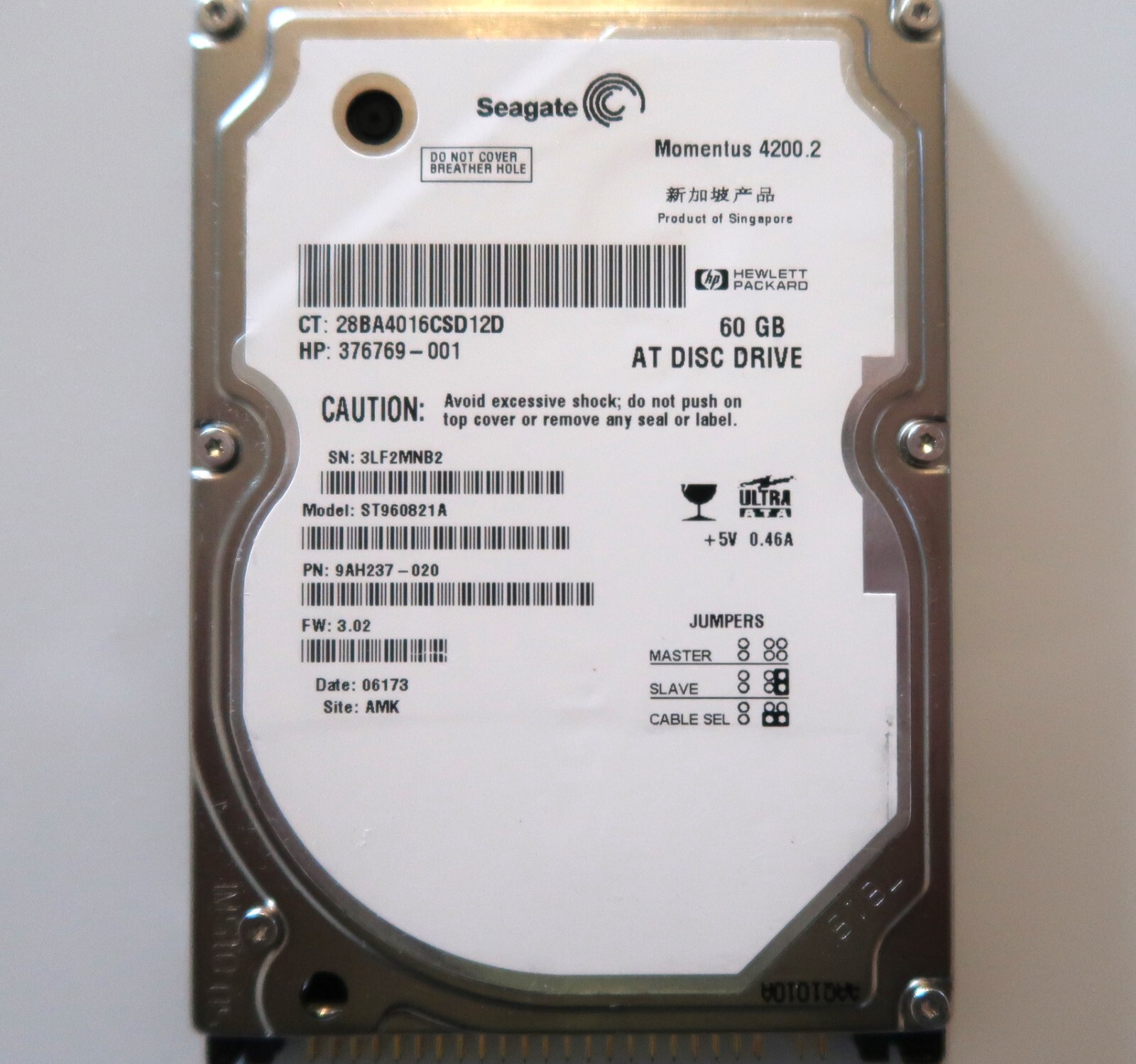 Seagate ST960821A 9AH237-020 3.02 (3LF) AMK Singapore 60gb 2.5" ULTA ATA 10/2005