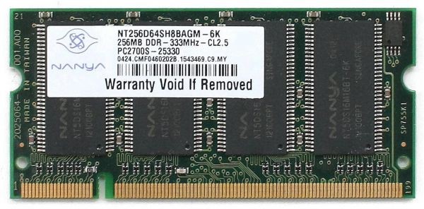 Laptop memory, nt256d64sh8bagm-6k 256mb ddr-333mhz-cl2.5 pc2700s-25330, sps-355