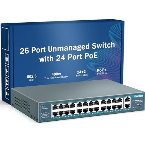 Yuanley 24-Port Poe+ Switch 400W 2 Gigabit Uplink 26-Port Rackmount Blue