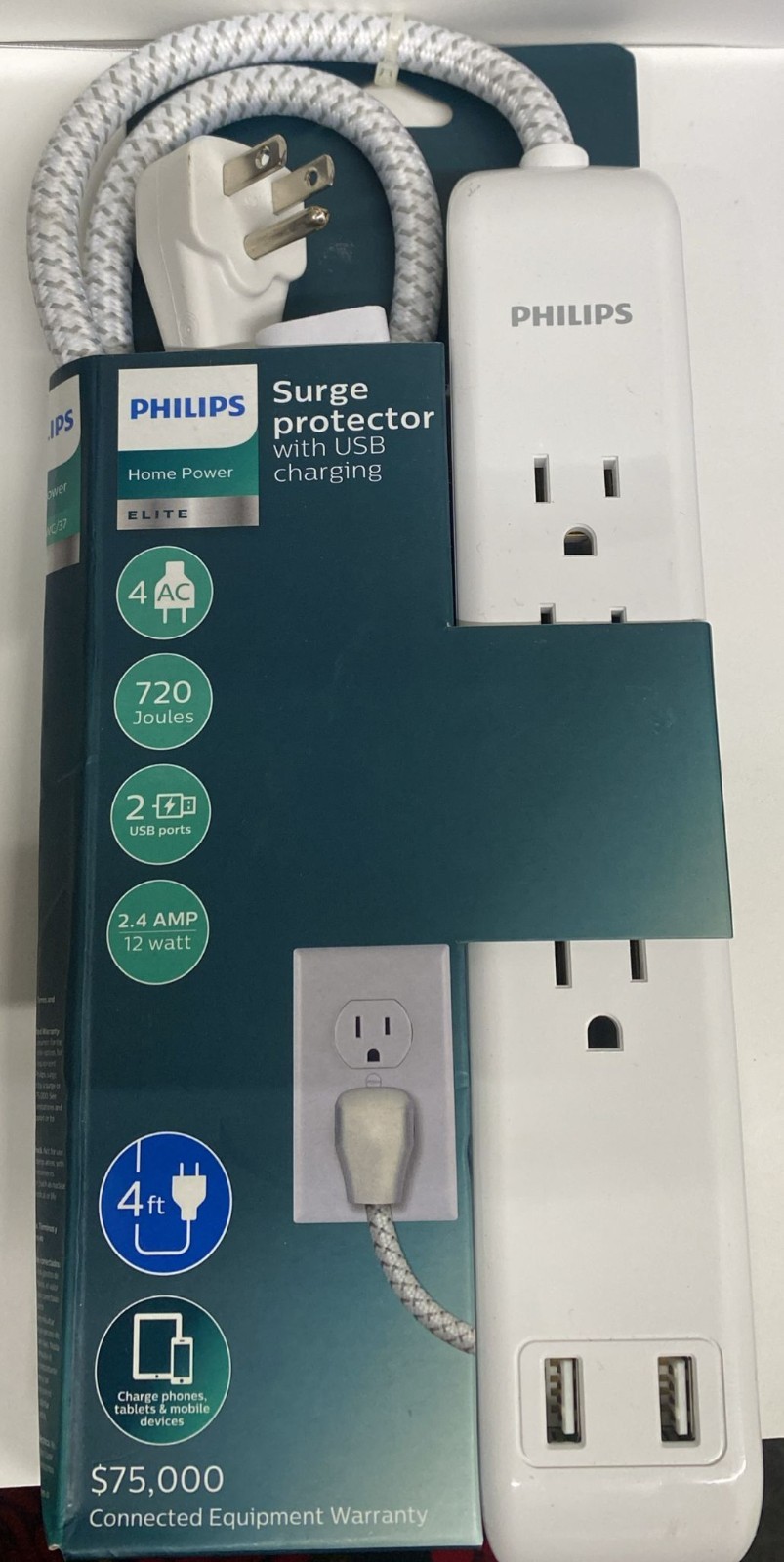 PHILLIPS Surge Protector 4 Outlet 2 USB Power Strip 4ft