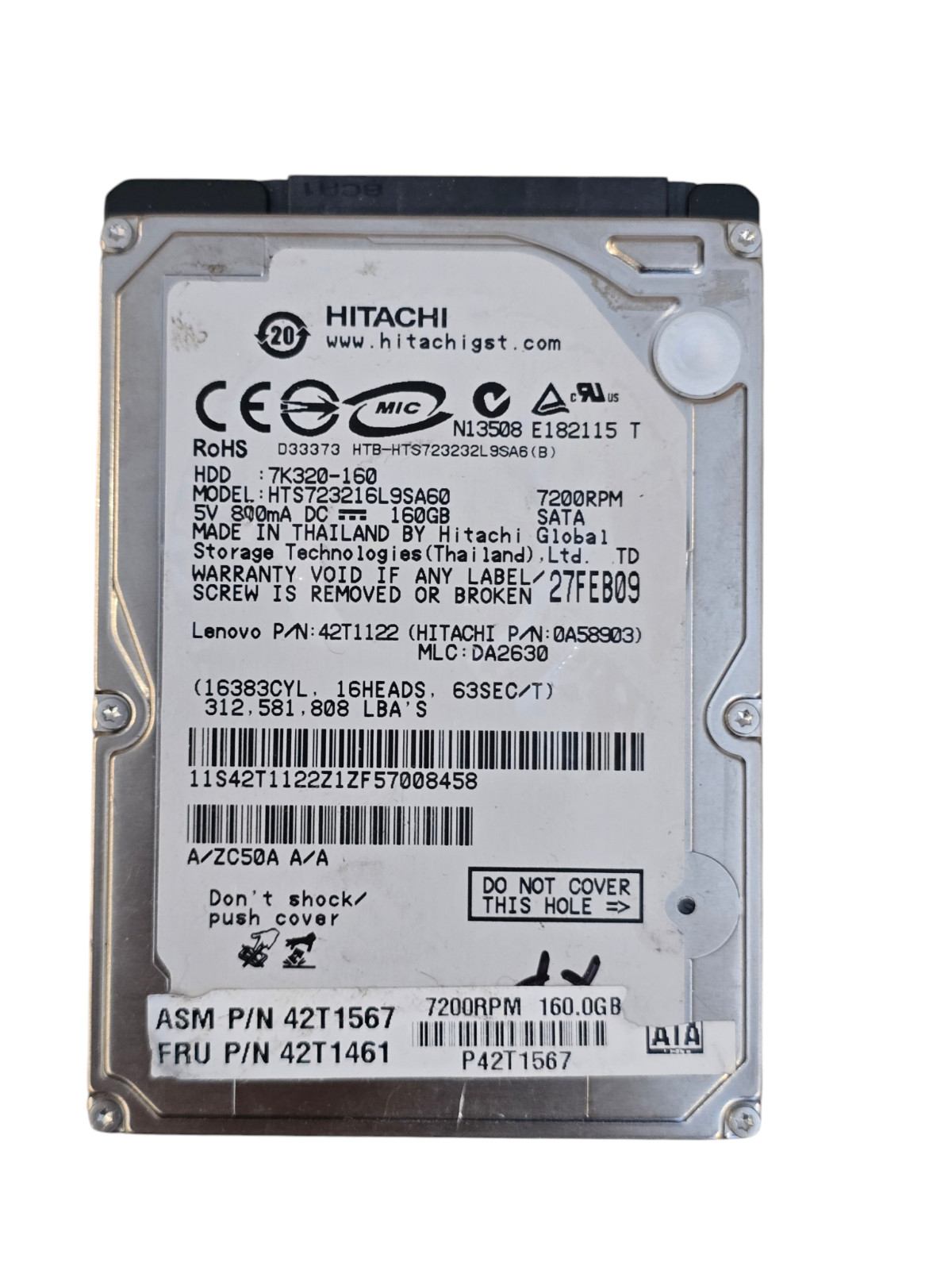 Hitachi 160GB 7200RPM 2.5" SATA Laptop Hard Drive HTS723216L9SA60 Lenovo 42T1122
