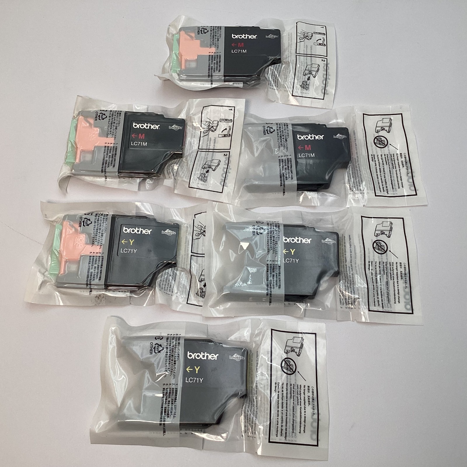 (Lot of 6) Genuine Brother LC71 Ink Cartridges: 3 Yellow & 3 Magenta Sealed Bags