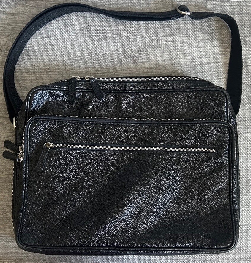 Lucaldo Men’s Laptop/Briefcase Messenger Bag Black Leather Multi Pockets Italian