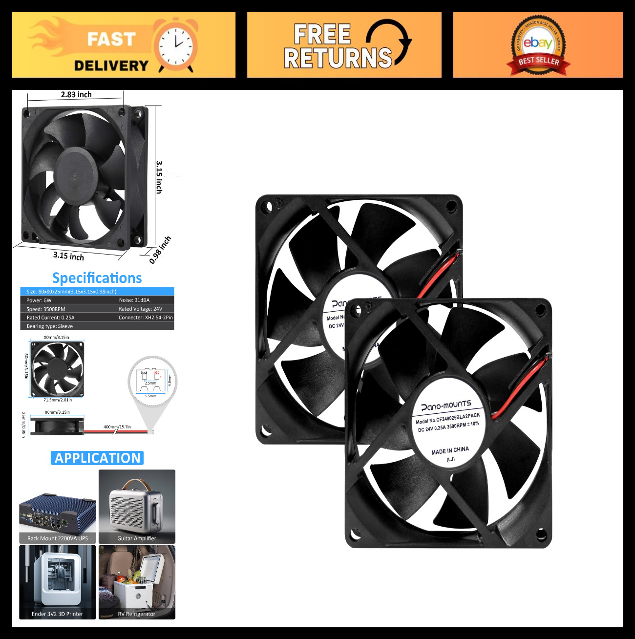 80mm 24V DC Cooling Fan - High Speed Muffin Fan, Low Noise 3500RPM, 2-Pack