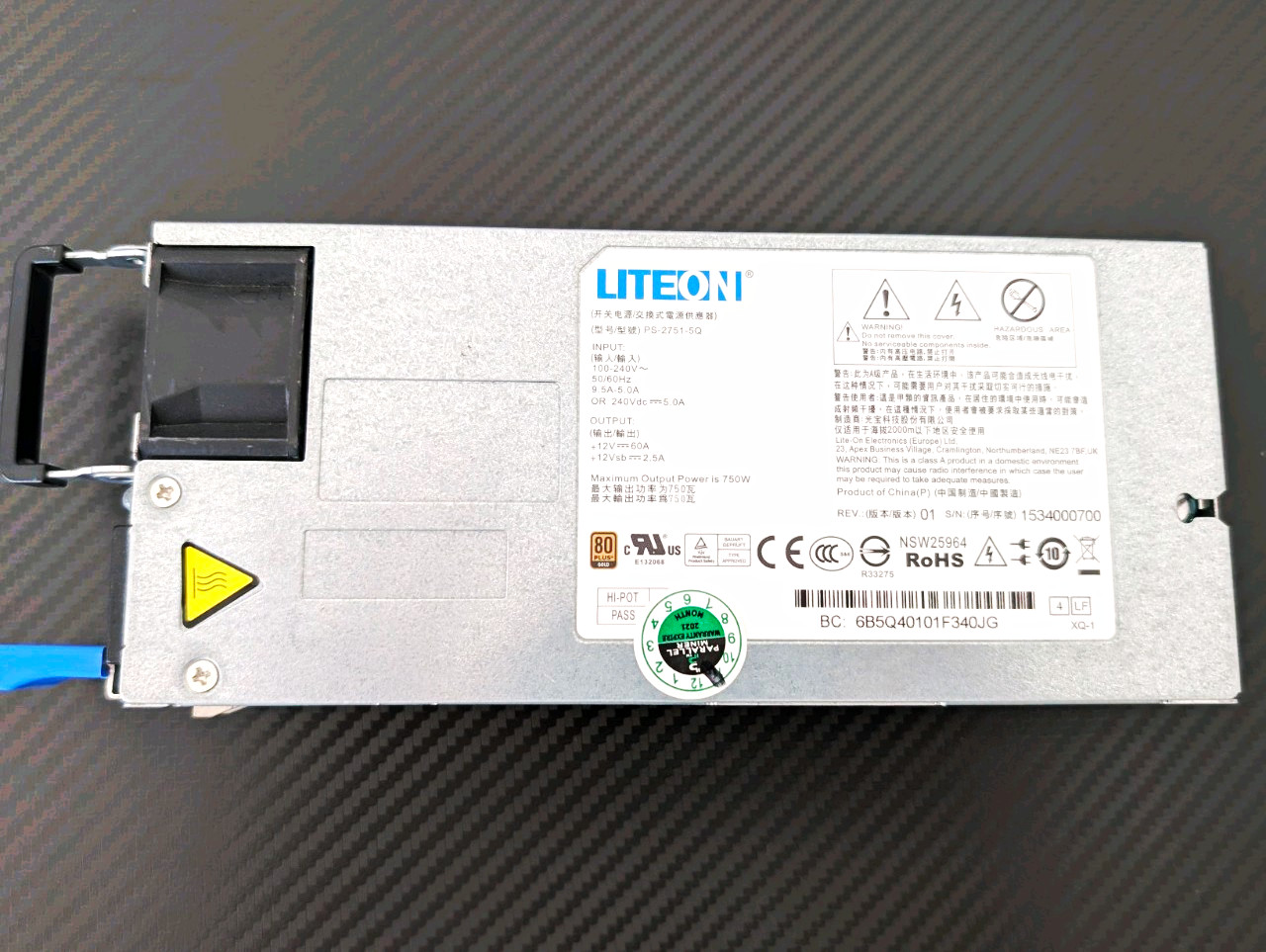 Lite-On PS-2751-5Q 750W Hot-Plug Server Power Supply 80 Plus Gold - Untested