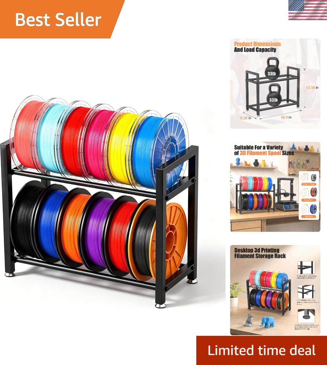 3D Printer Filament Rack Desktop, 2-Tier Metal Spool Holder Organizer