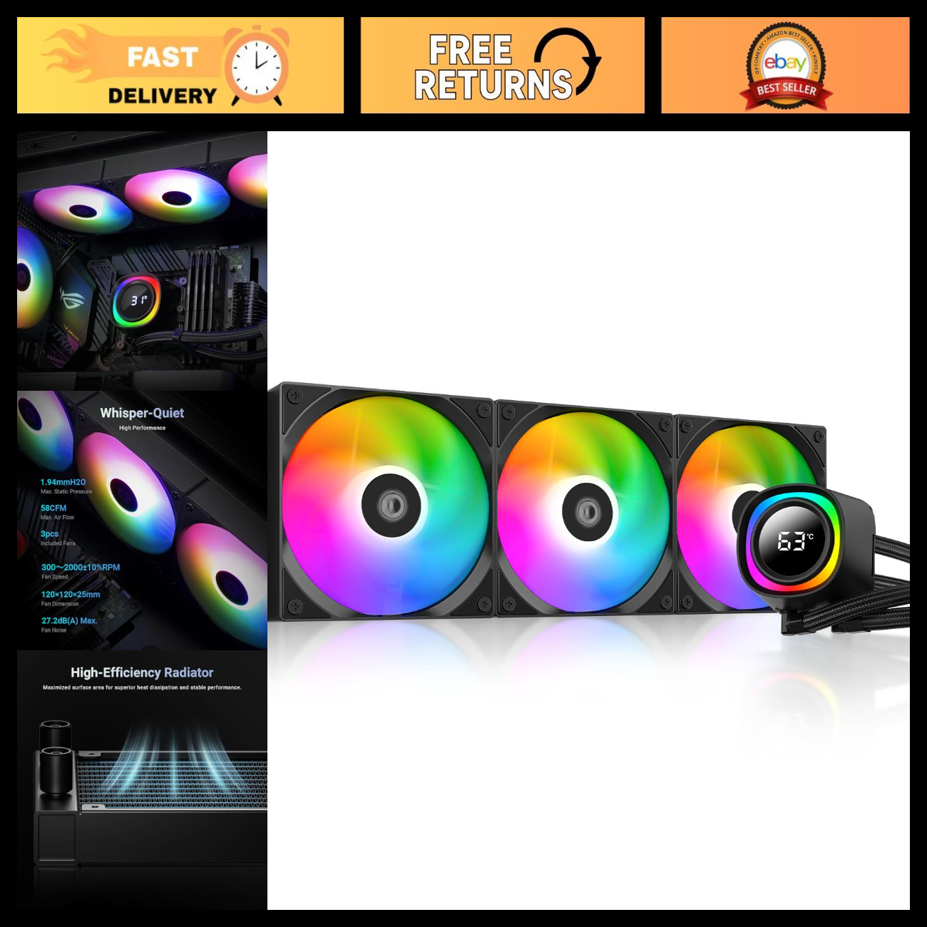 360mm AIO CPU Cooler with Real-Time Temperature Display, Efficient Cooling Syste