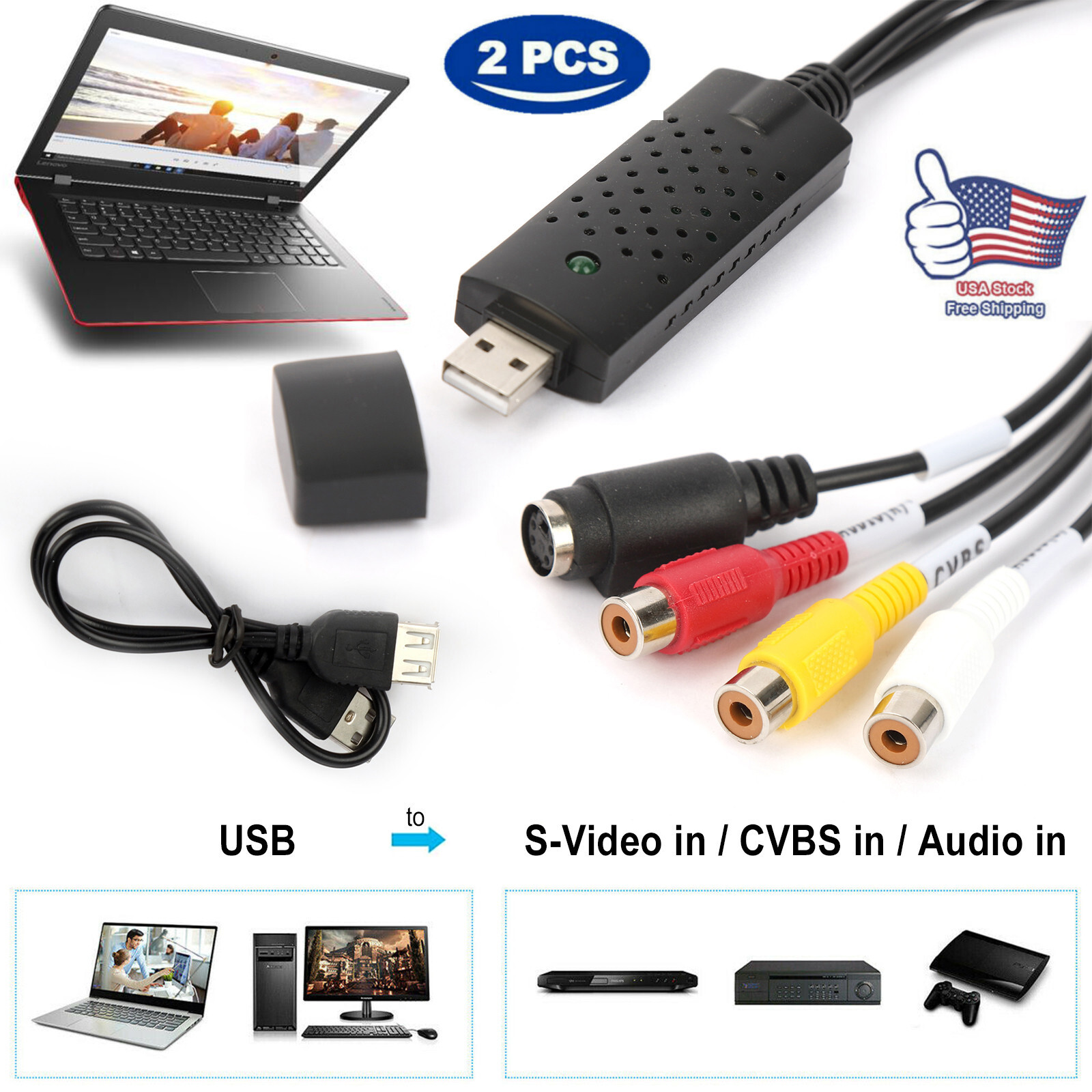 2PCS USB 2.0 Audio TV Video VHS to DVD VCR PC DVR Converter Adapter Capture Card