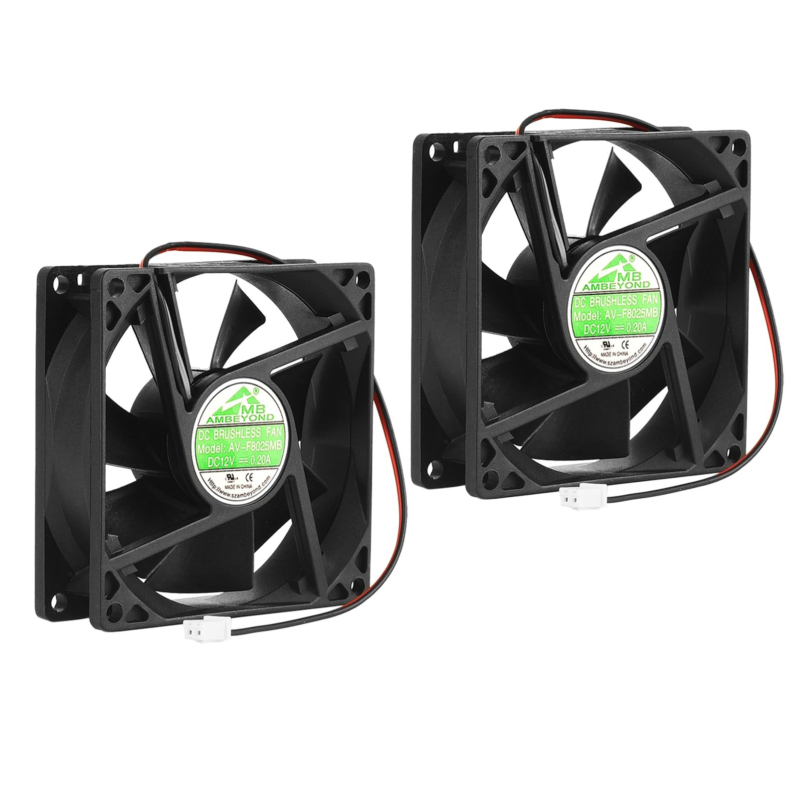 2Pcs 80mm Fan 12V DC 0.20A, 8025 Dual Ball Bearing 2x fan, black 