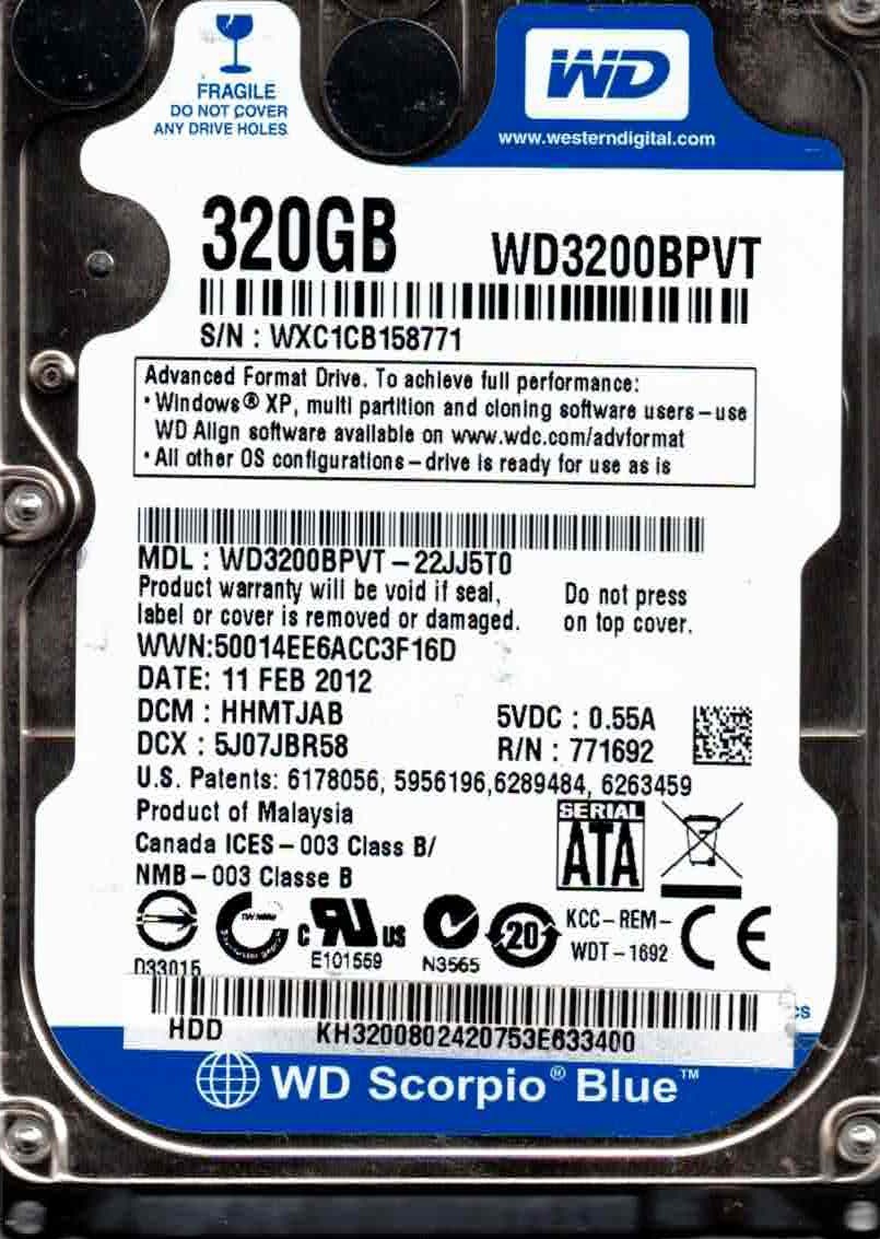 WD3200BPVT-22JJ5T0, HHMTJAB,  WESTERN DIGITAL SATA 320GB, FEB 2012, WXC1