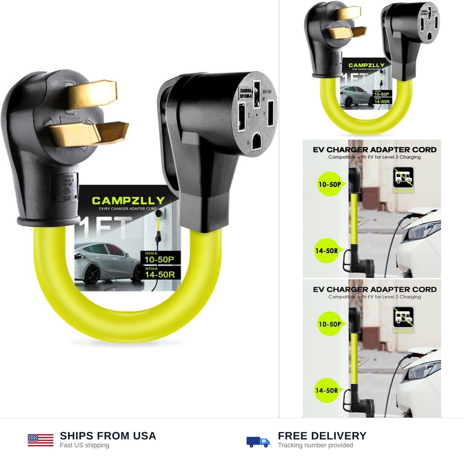NEMA 10-50P to 14-50R EV Charger Adapter 50Amp Level 2 6 Gauge Cord