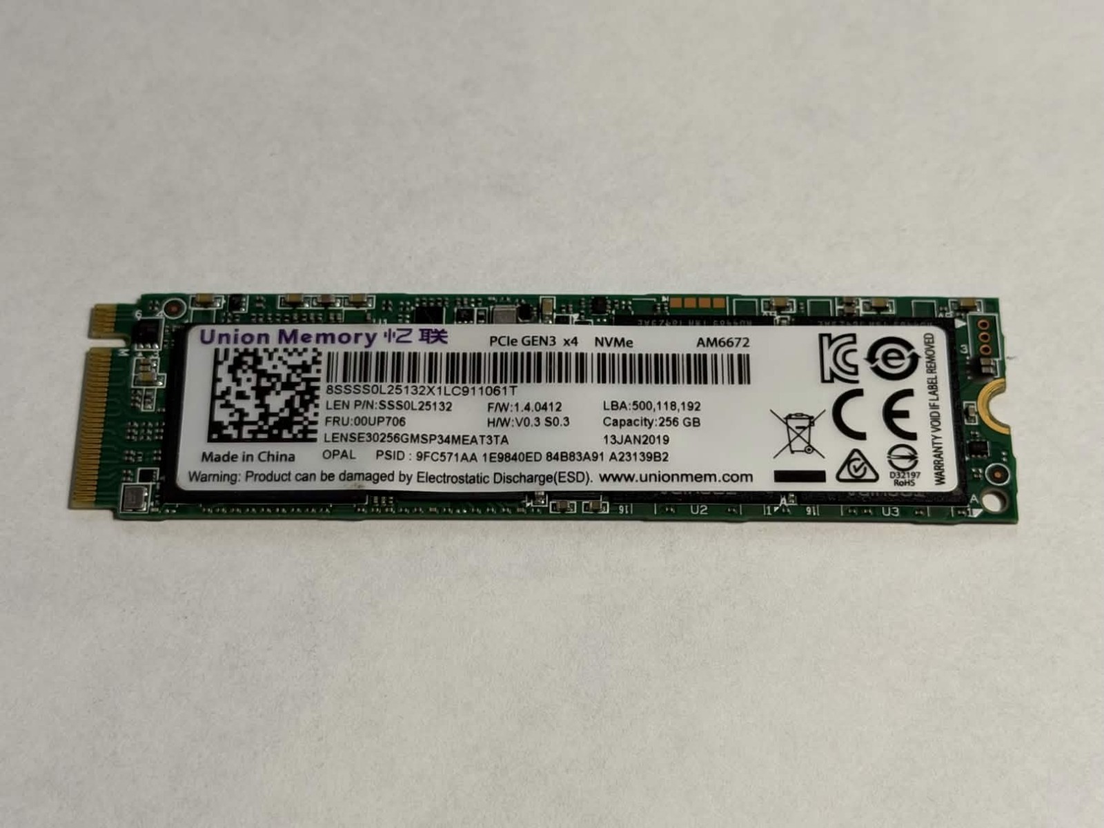 Used - Union Memory 256GB M.2 NVMe SSD PCIe Gen3 x4 (00UP706)