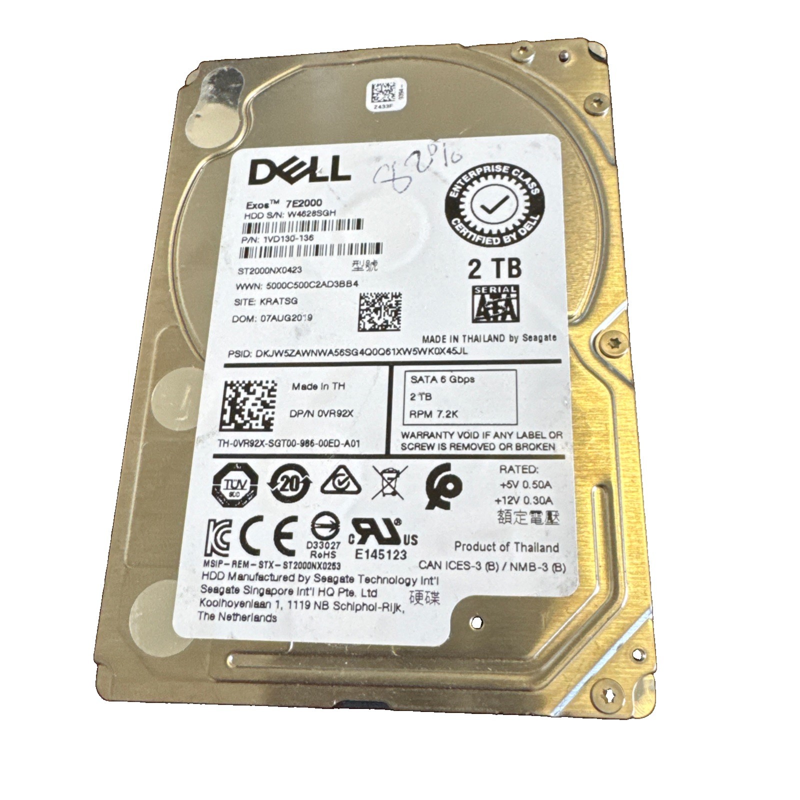 DELL Exos 7E2000 2TB 2.5" SATA III 6GB/S  7.2K - ST2000NX0423 0VR92X  82% Health