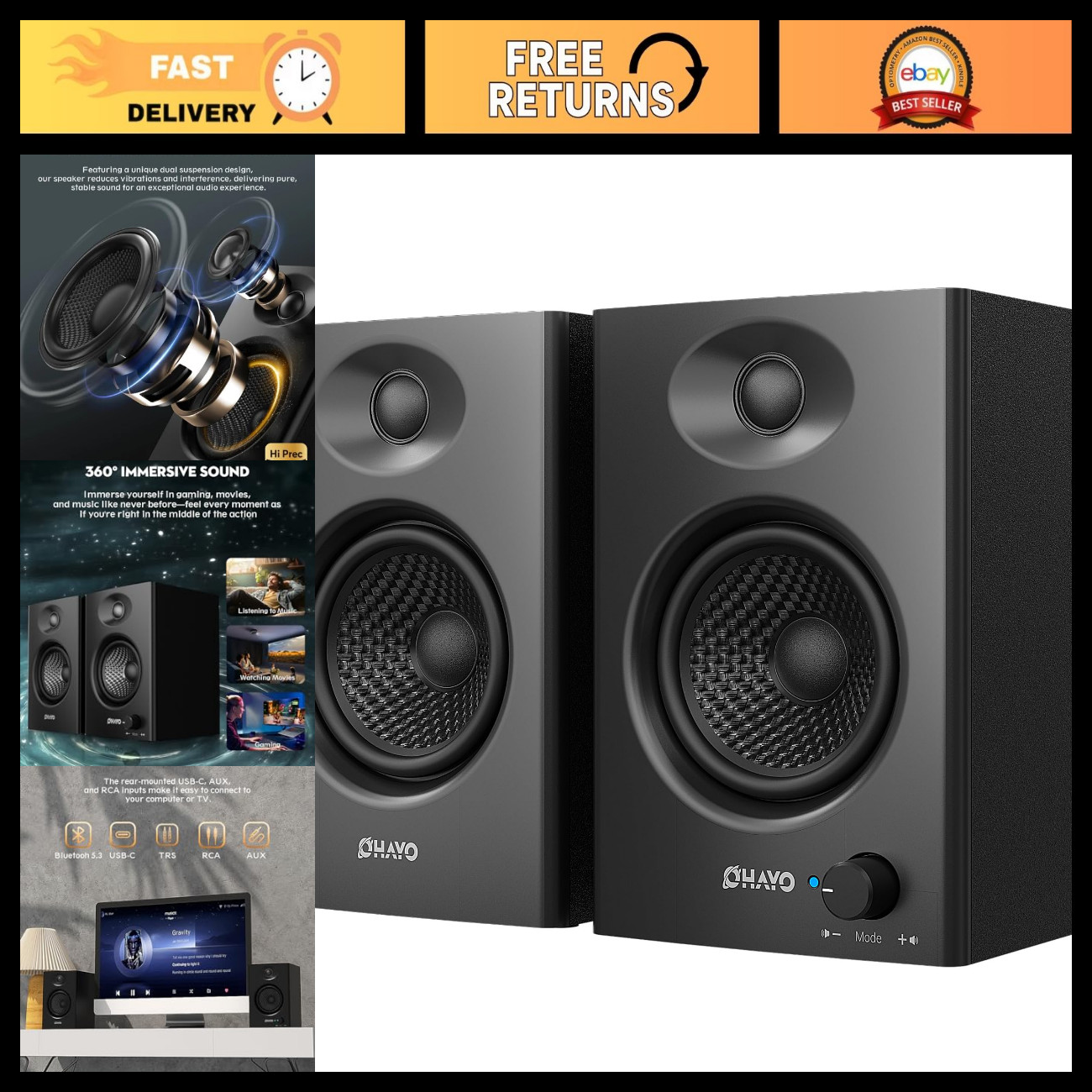 60W Bluetooth 5.3 Computer Speakers - Stereo 2.0, Wired & Wireless, Black Pair