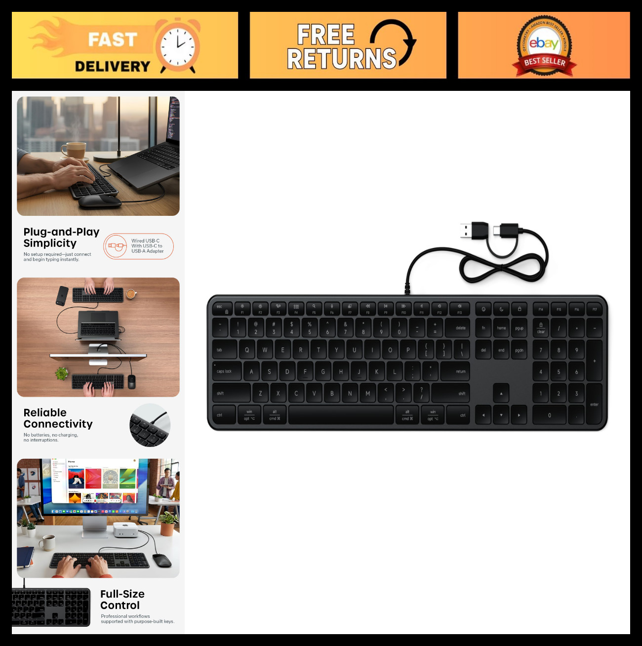 Slim Wired Keyboard - Full-Size Layout, Cross-Platform OS Switching, USB-C/A, Sp