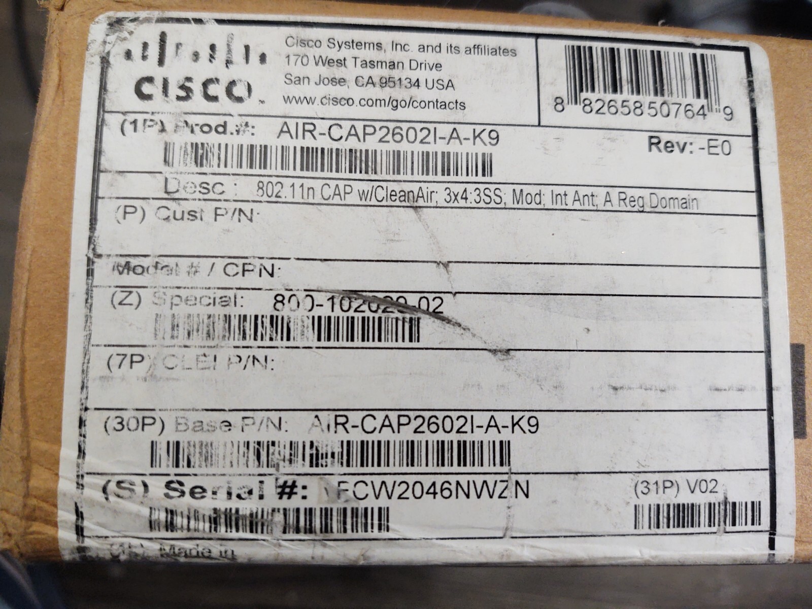 Cisco Dual Band Access Point Model:  New Air-CAP26021-A-K9