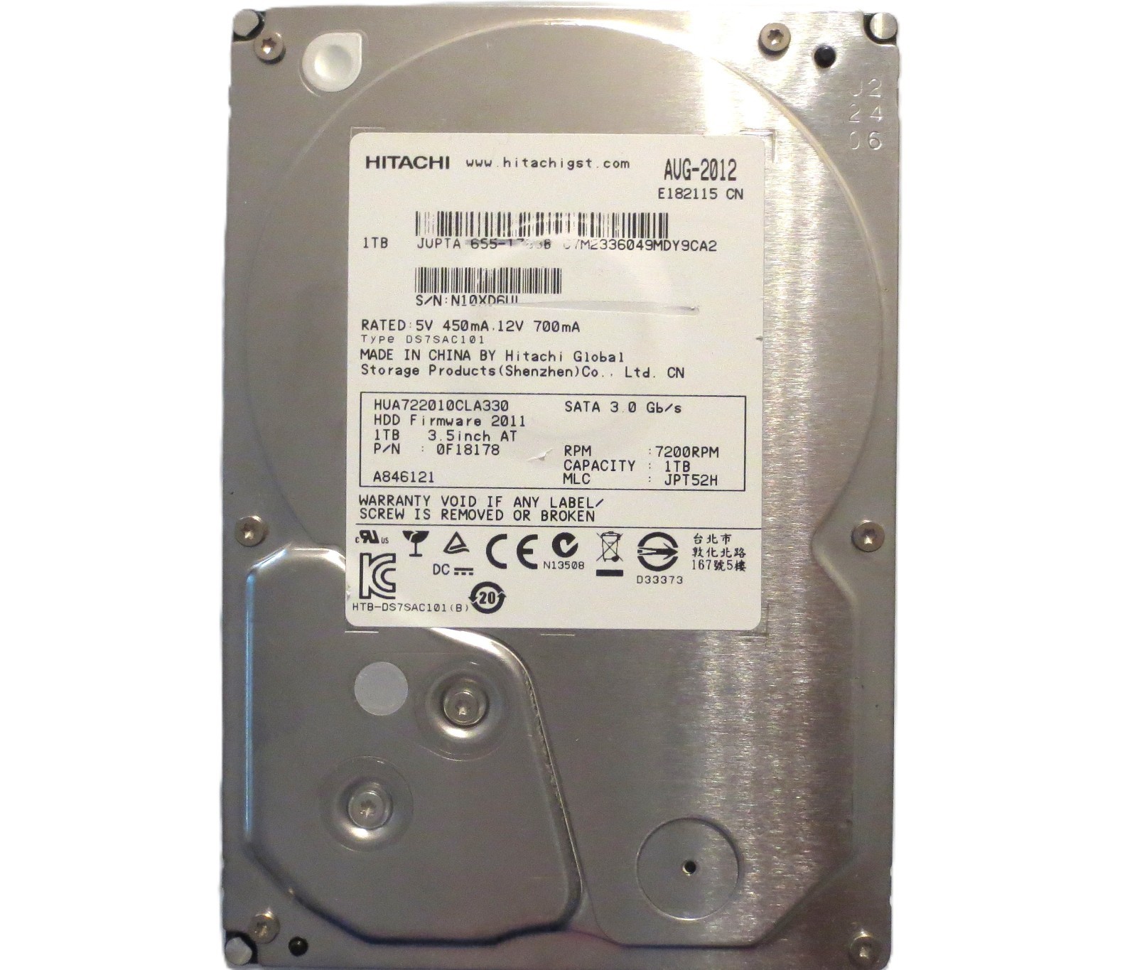 Hitachi HUA722010CLA330 0F18178 JPT52H China 1.0TB 3.5" Sata HDD AUG-2012