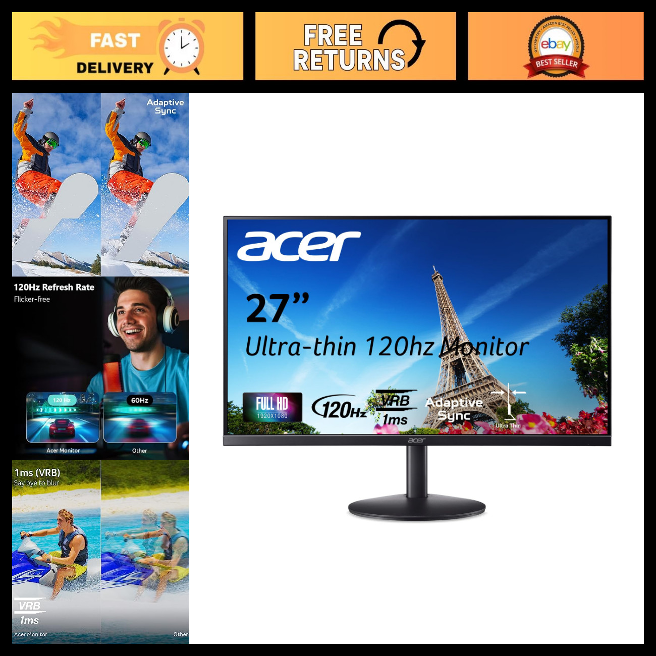 27" FHD 1920x1080 IPS 120Hz Office Monitor - Ultra Slim, Eye Care, HDMI/DisplayP