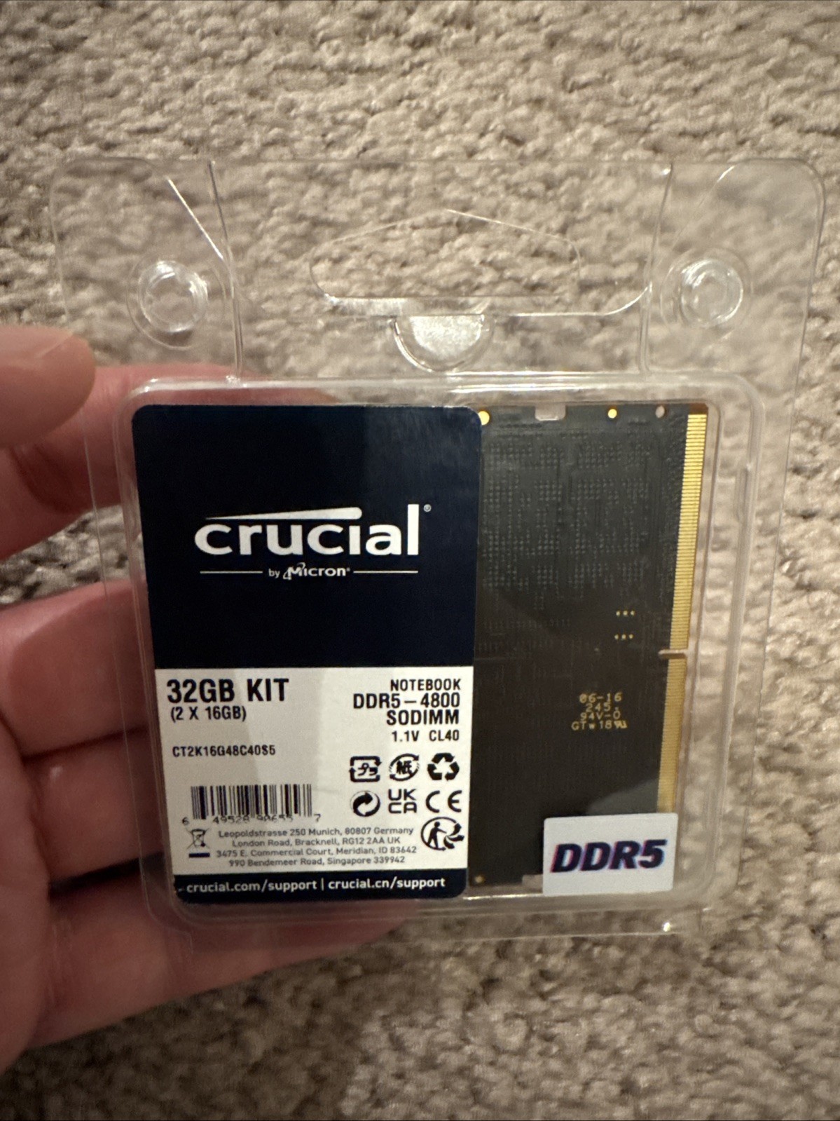 Crucial 32GB (2x16GB) DDR5-4800 SODIMM Laptop RAM Kit CL40  CT2K16G48C40S5 NEW