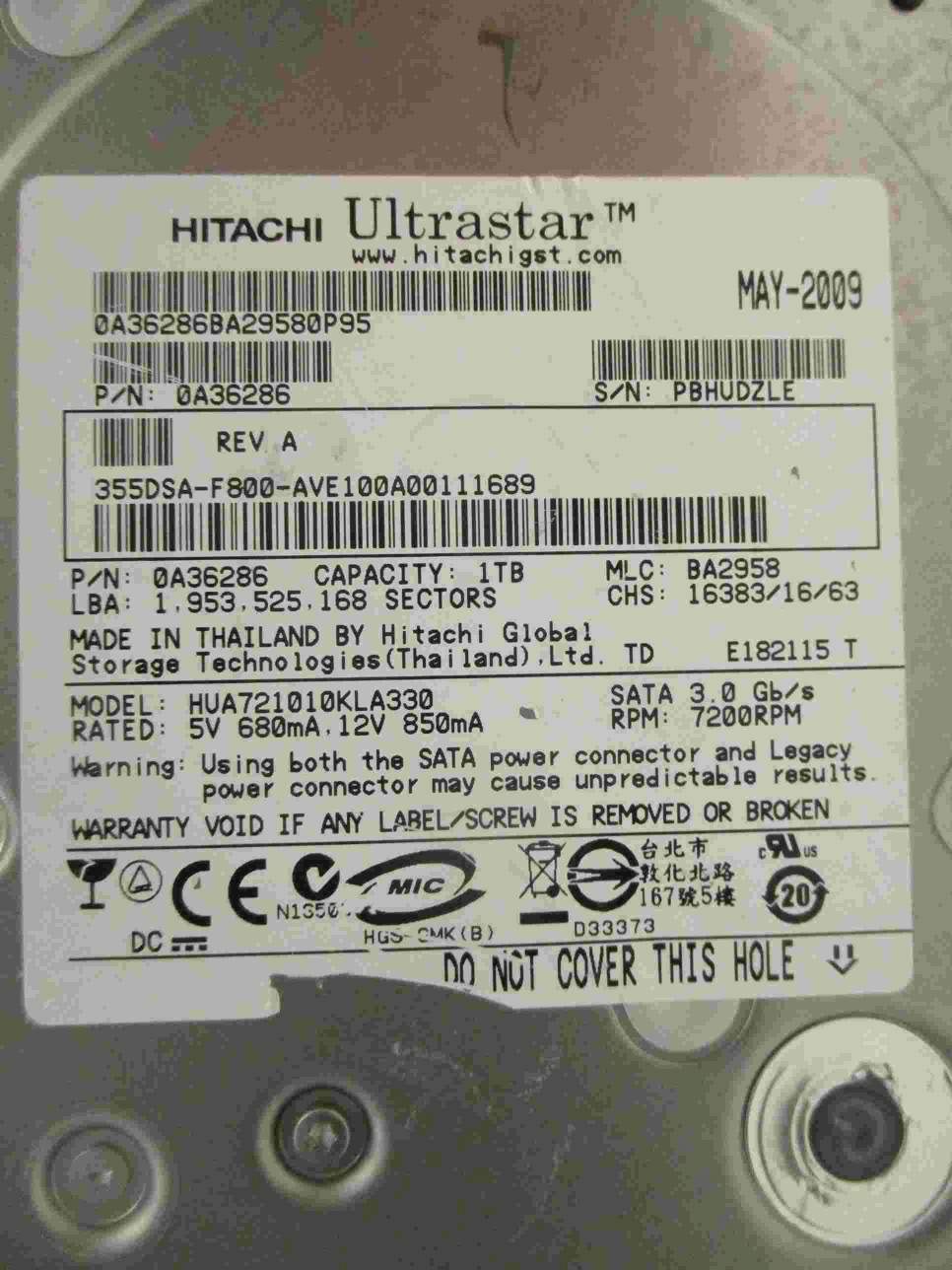 1TB HITACHI HUA721010KLA330 MAY-09 MLC: BA2958 | P/N: 0A36286 #026
