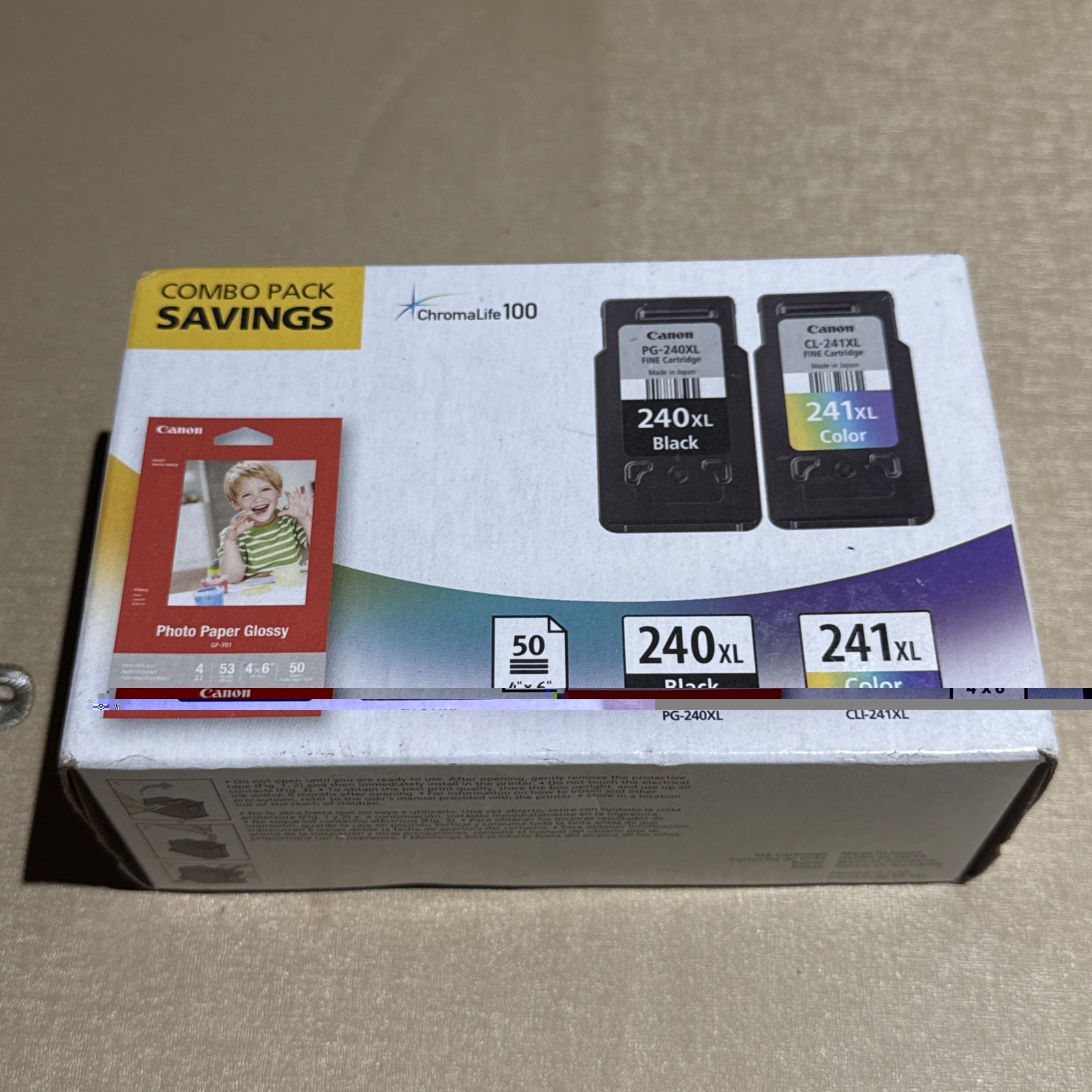 Canon 240XL 241XL Ink Cartridge Combo Pack Black Color + 4x6 Glossy Photo Paper 