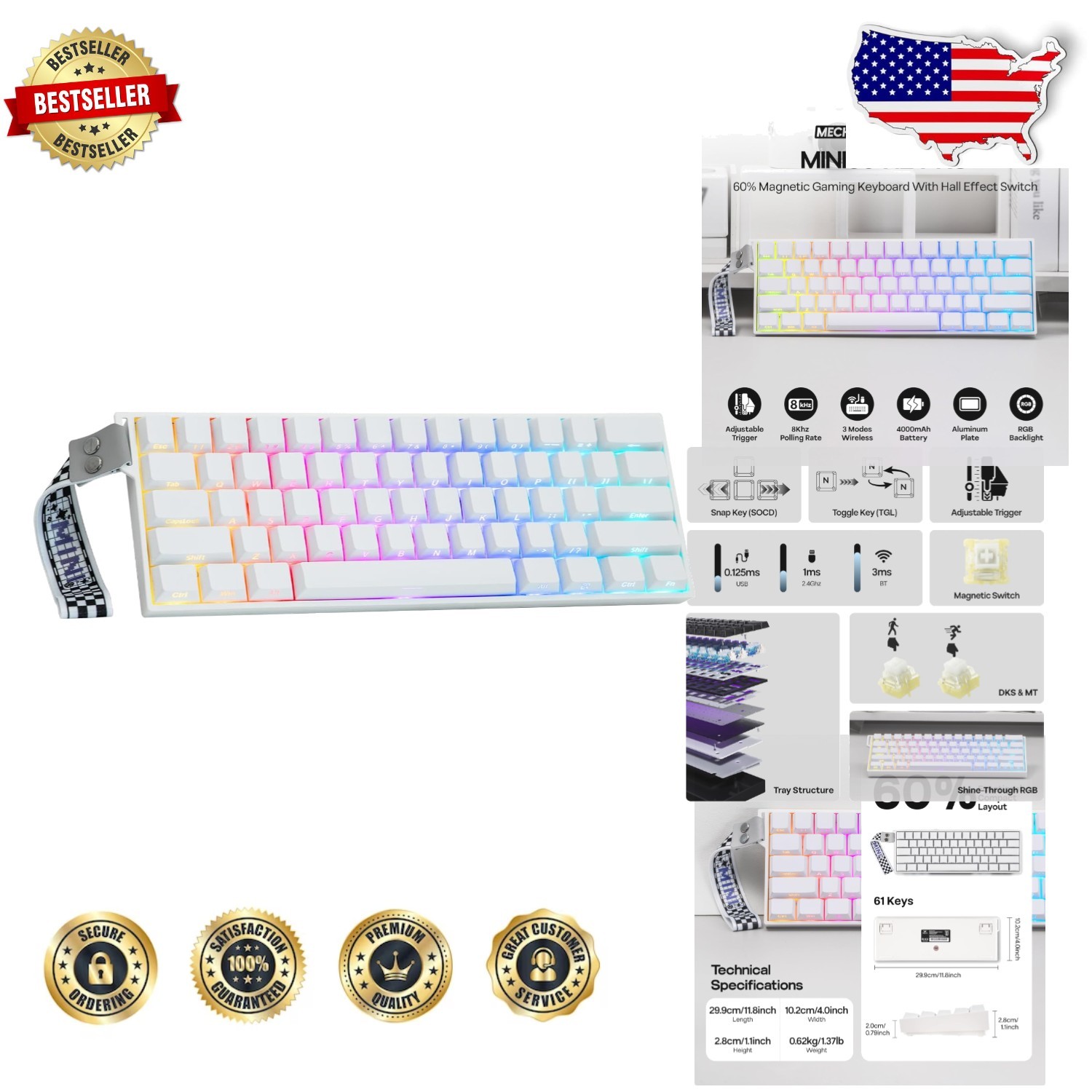 Aula Mini60 HE PRO Wireless Hall Effect Gaming Keyboard, 8K Polling, RGB, White