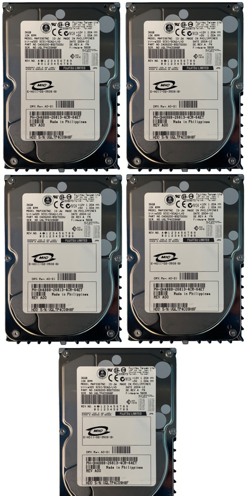 Lot of 5 - Fujitsu MAP3367NC - 36.7GB 3.5" 10K Ultra SCSI HDD - CA06200-B50700DU