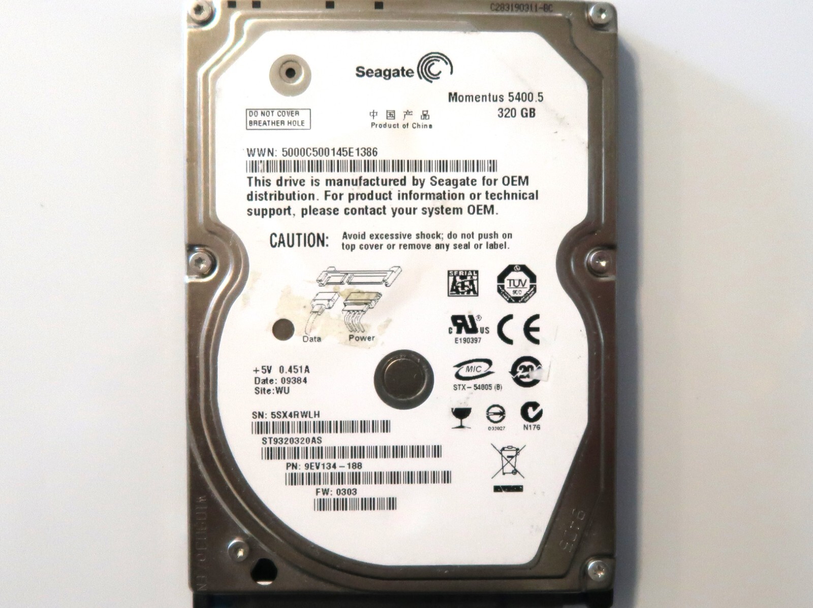 Seagate ST9320320AS 9EV134-188 0303 WU China (5SX) 320gb 2.5" Sata HDD MAR/2009