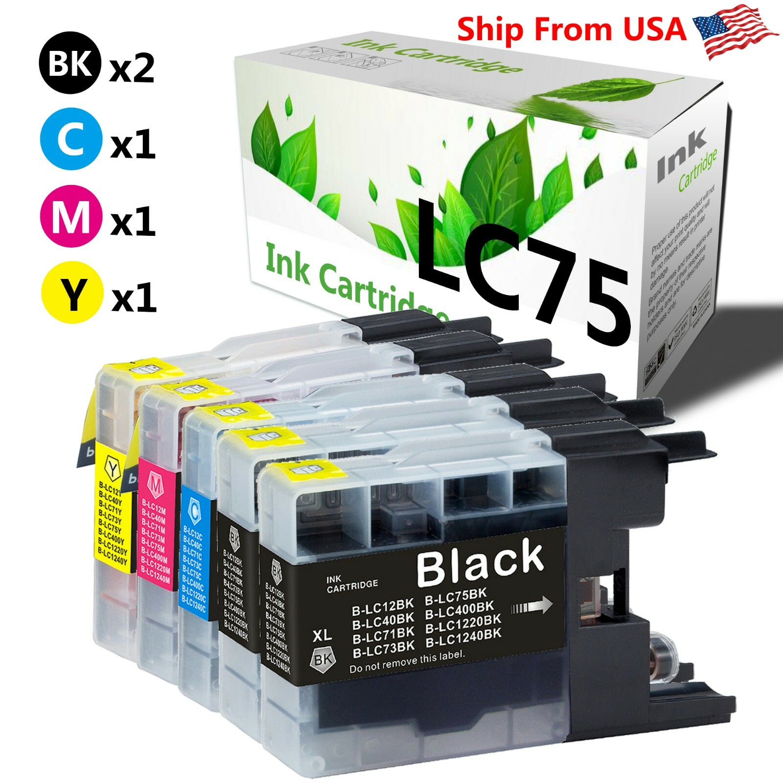 5-Pack LC-75 ink set for  MFC-J430W MFC-J625DW MFC-J435W Printer (2BCMY)