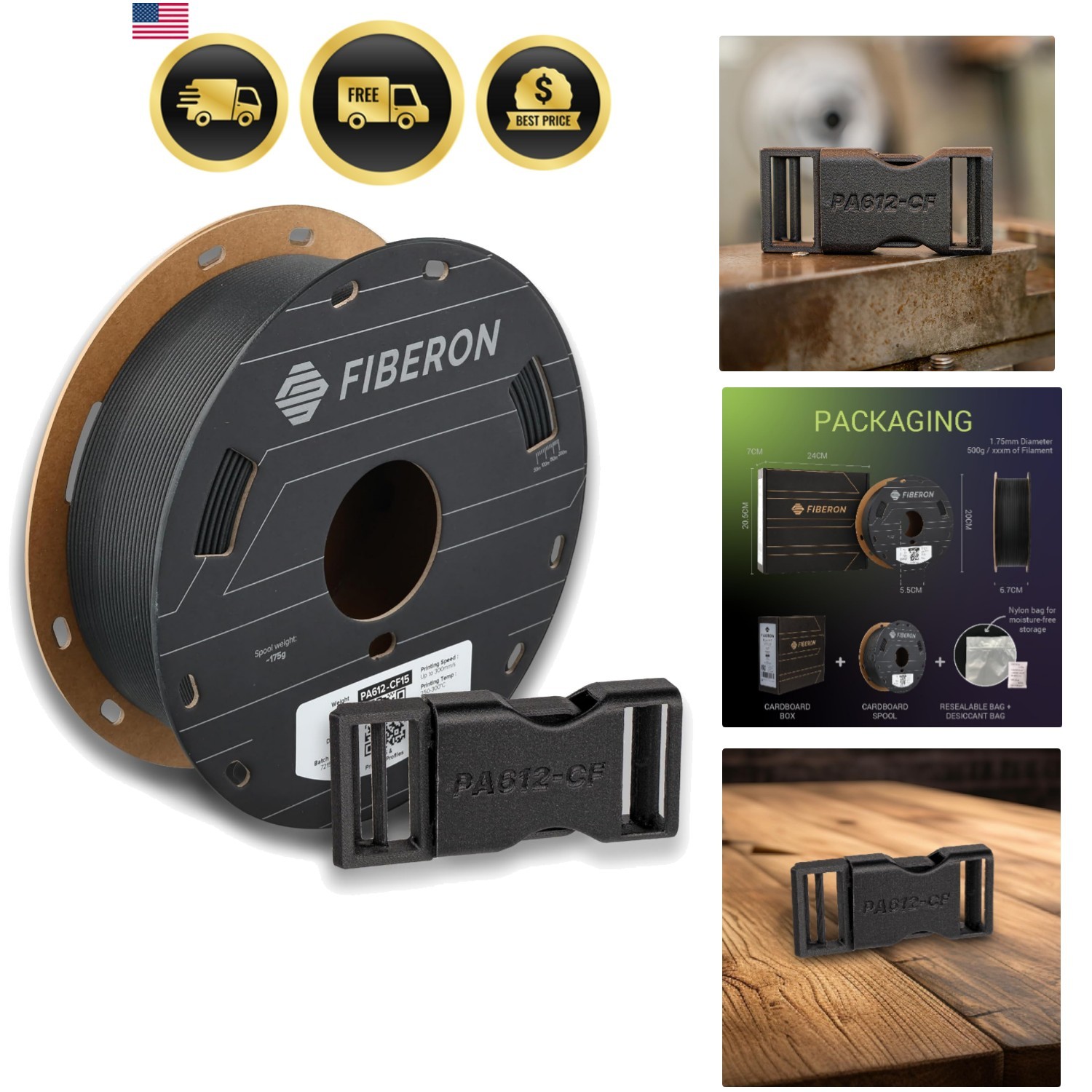 Fiberon PA612-CF15 Carbon Fiber Nylon Filament 1.75mm Black 0.5kg, Fiberon PA...
