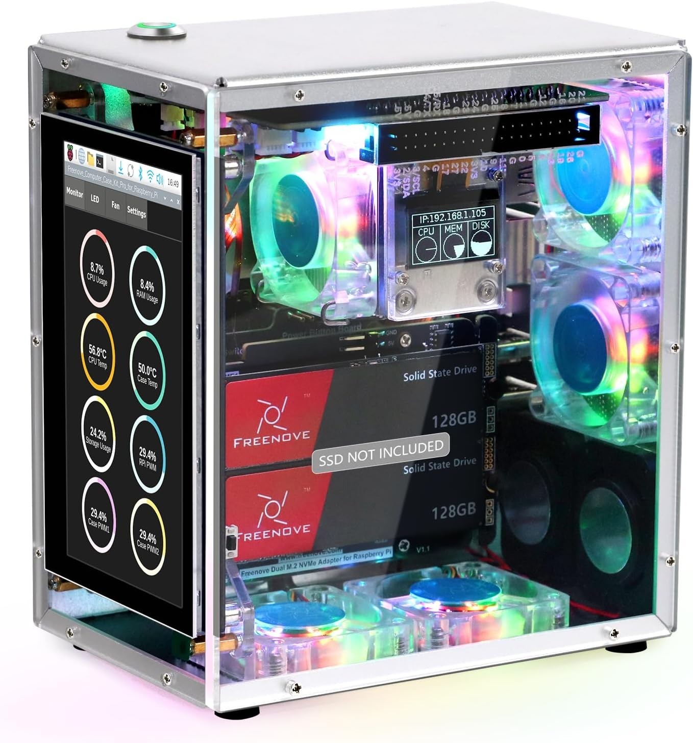 Freenove Raspberry Pi 5 NAS Case Kit, Quad M.2 NVMe SSD Slots, 4x Slot no