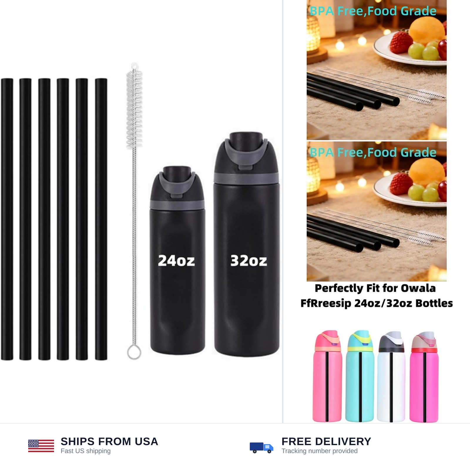 6PCS Replacement Straws for Owala Water Bottle 24 oz 32 oz, Reusable Plastic ...