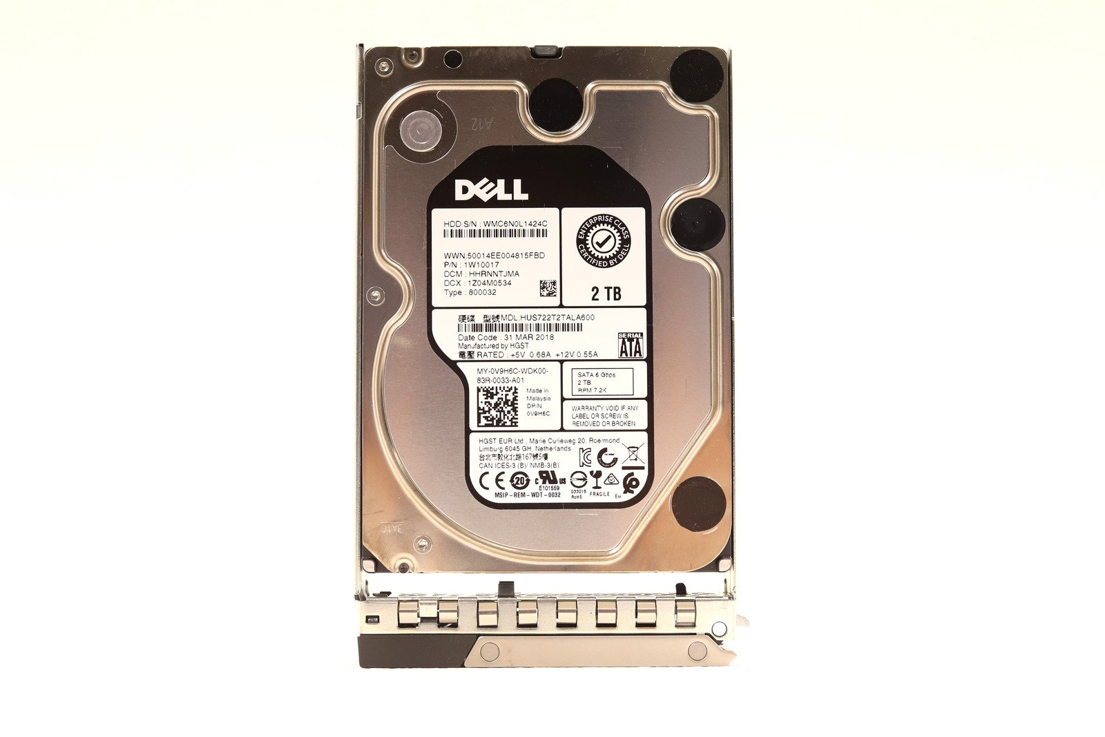 Dell HUS722T2TALA600 2TB 3.5" 6Gb/s 7.2K RPM SATA HDD W/Caddy P/N: 0V9H6C Tested