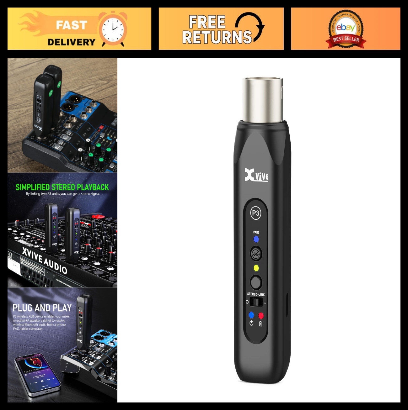 Wireless XLR Bluetooth Receiver Adapter for Speakers, Audio Mixer, PA Systems, D