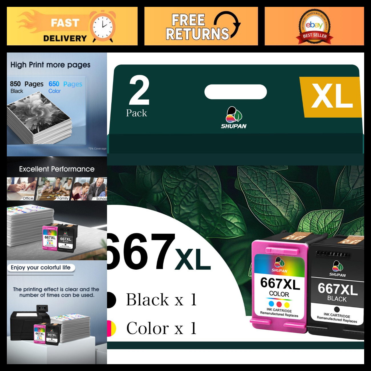 High-Capacity 667XL Ink Cartridge Black & Color Combo Pack Replacement for HP