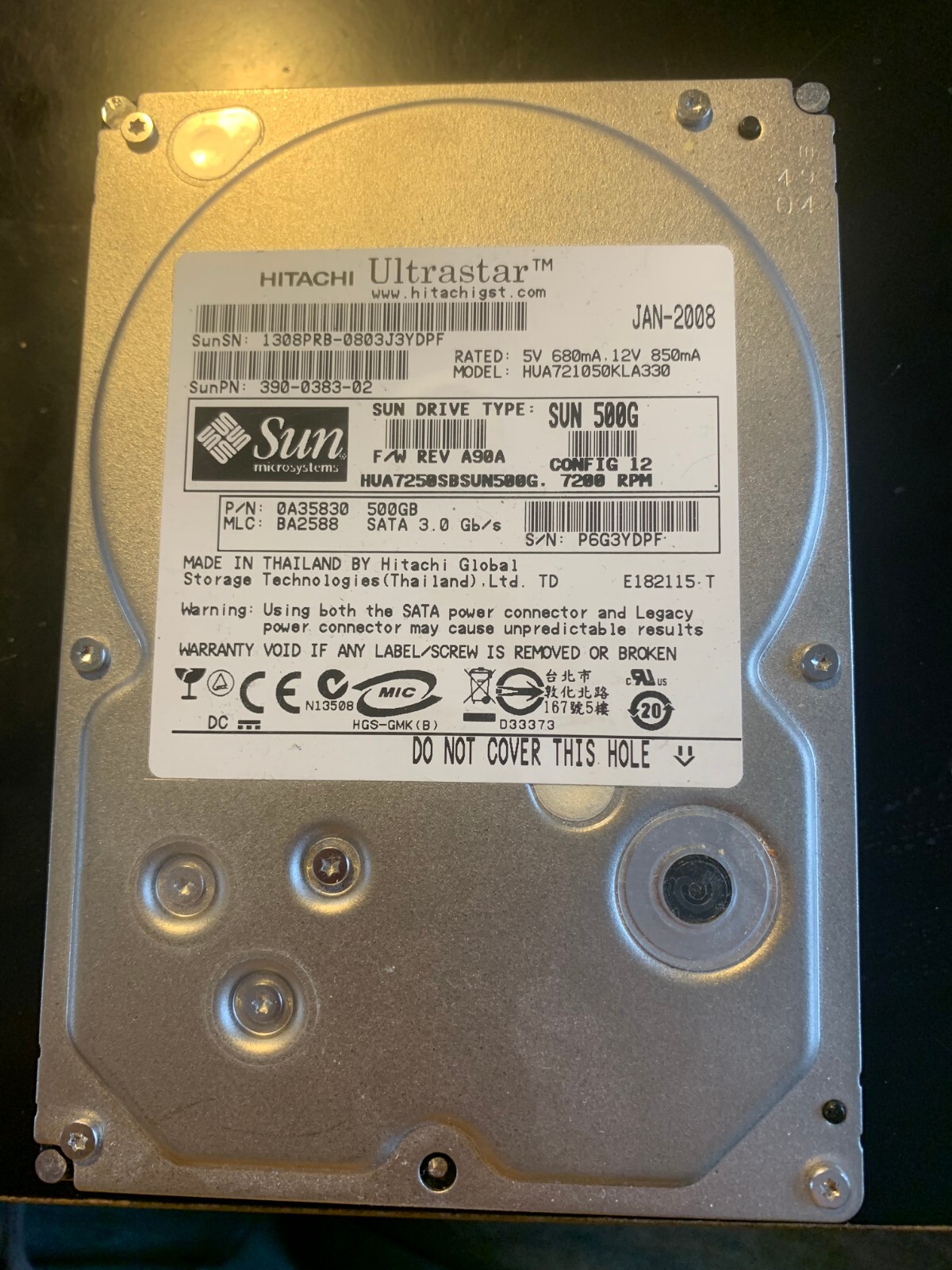 Hitachi Ultrastar / Sun 0A35830 390-0383 500GB 7200 SATA 3GB/S Hard Drive 3.5 3H
