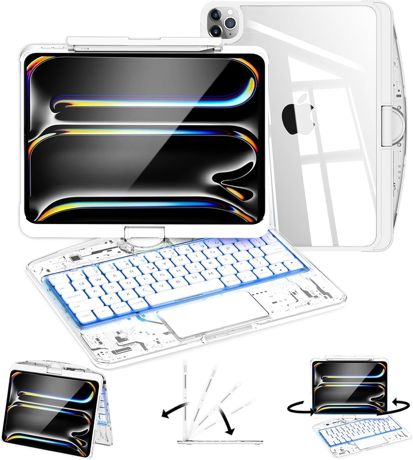 Transparent Keyboard Case for Ipad Pro 13In(M4/5) 2024/2025,360°Rotating,7-Color