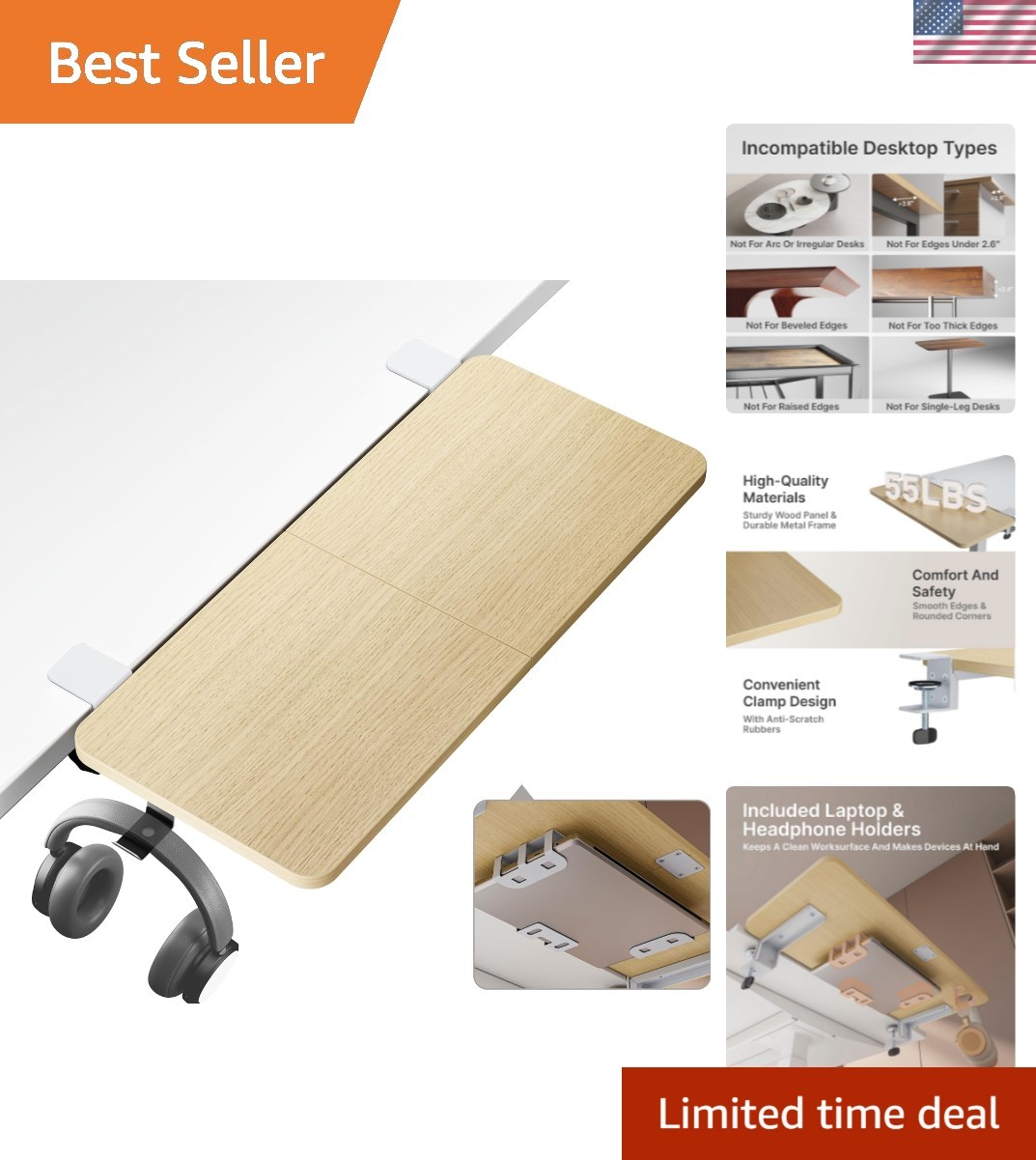 Desk Extender Tray, 28" x 12", with Laptop Holder, Large, Wood | Desk Extensi...