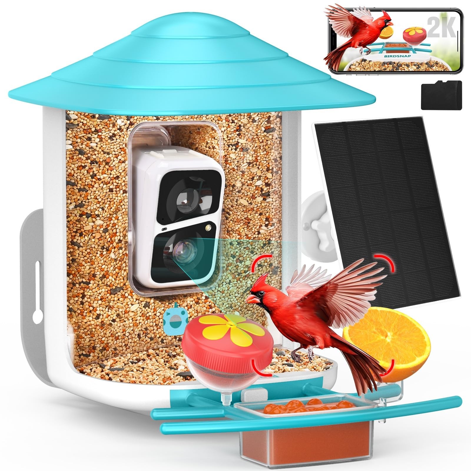 birdsnap® TUC Bird Feeder with Camera 2K HD, Solar Panel 32GB Card 4-in-1 Per...