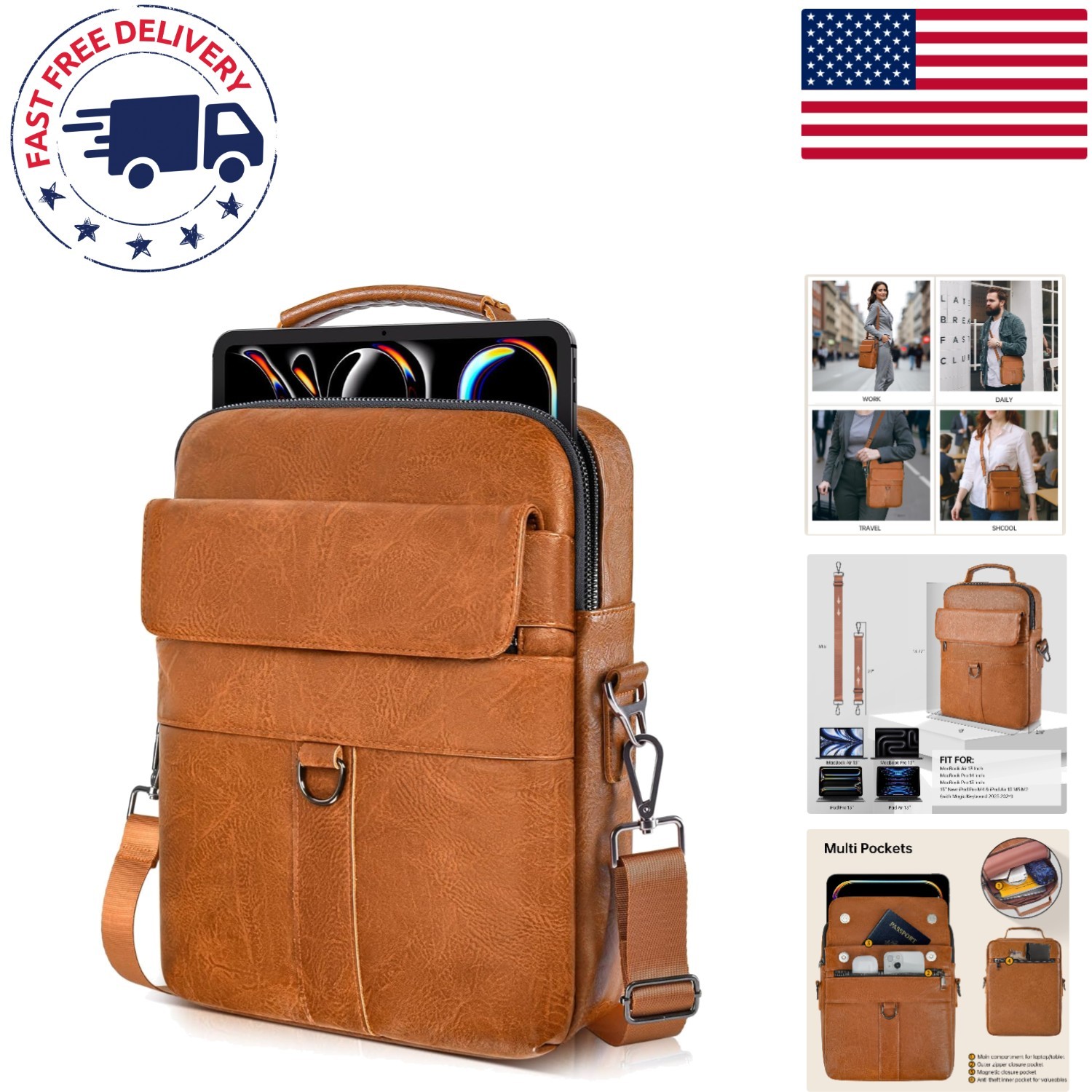 Elegant 13-Inch Laptop Shoulder Bag -  Brown Faux Leather Classic Case