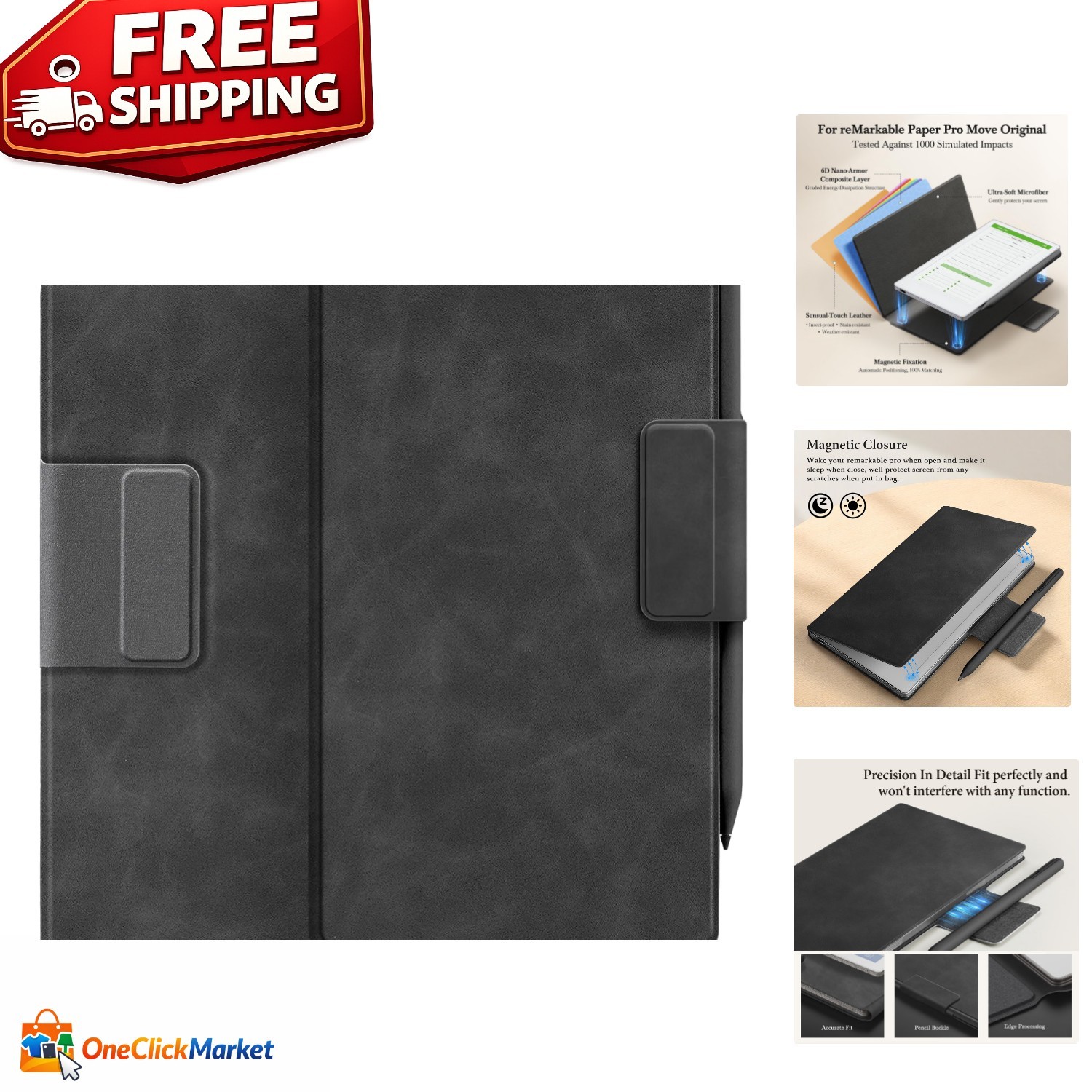 Luxury Magnetic Folio Case for Remarkable Paper Pro Move - Integrated Pen Holder