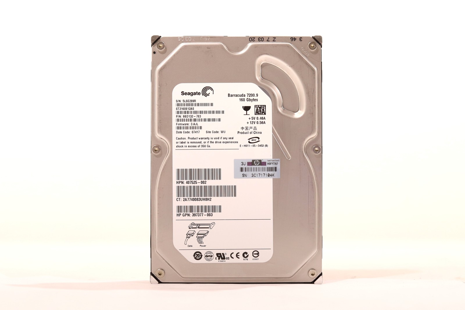 HP ST3160812AS 160GB 3.5" 1.5Gb/s 8MB 7.2K RPM SATA Hard Drive P/N: 397377-003