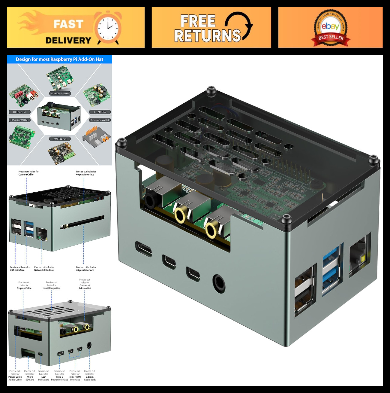 Aluminum Alloy Case for Raspberry Pi 4 - Cooling Fan, Heatsink, DAC & AMP Compat