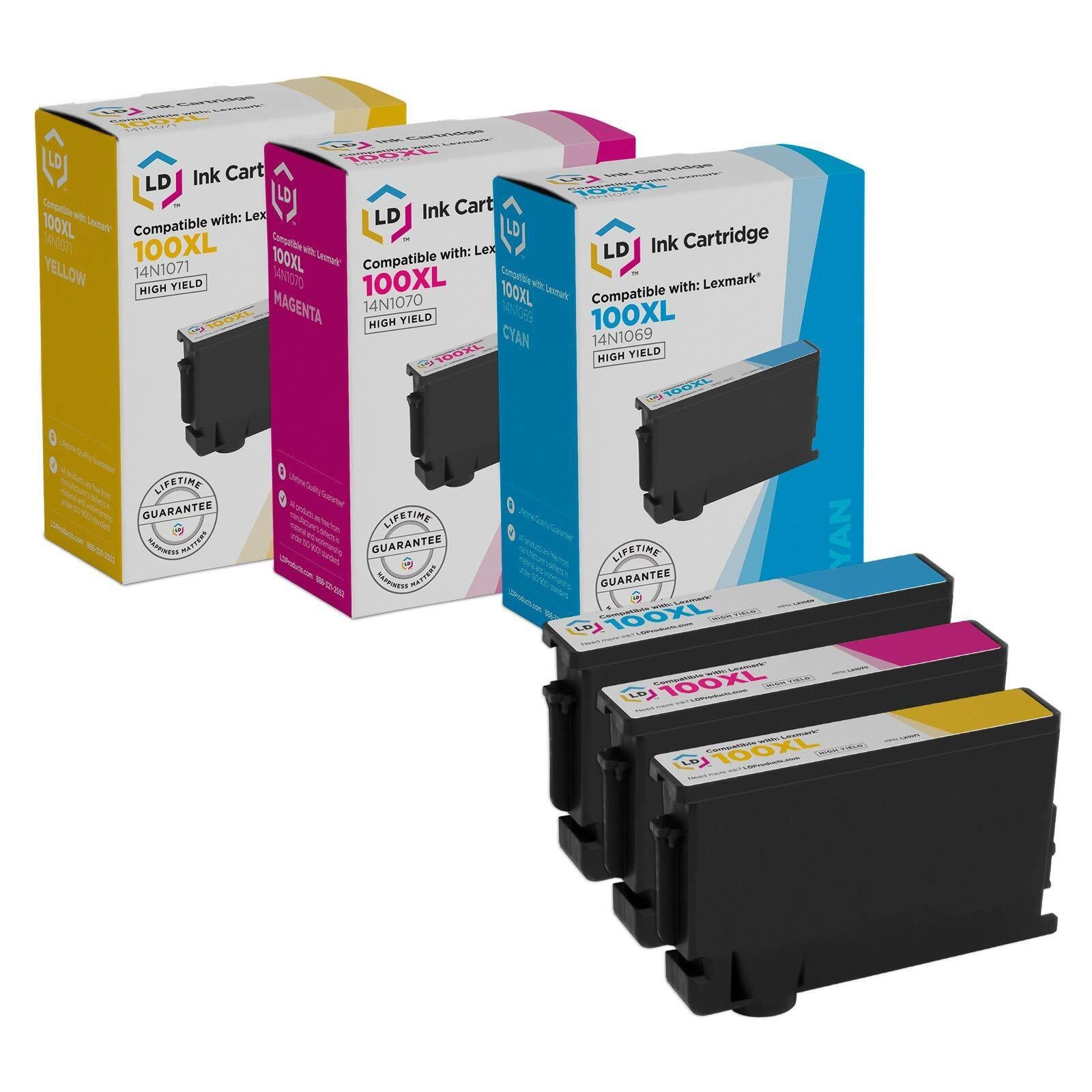 For Lexmark 100XL Set of 3 HY Ink Cartridges:  1 each of Cyan Magenta and Yellow