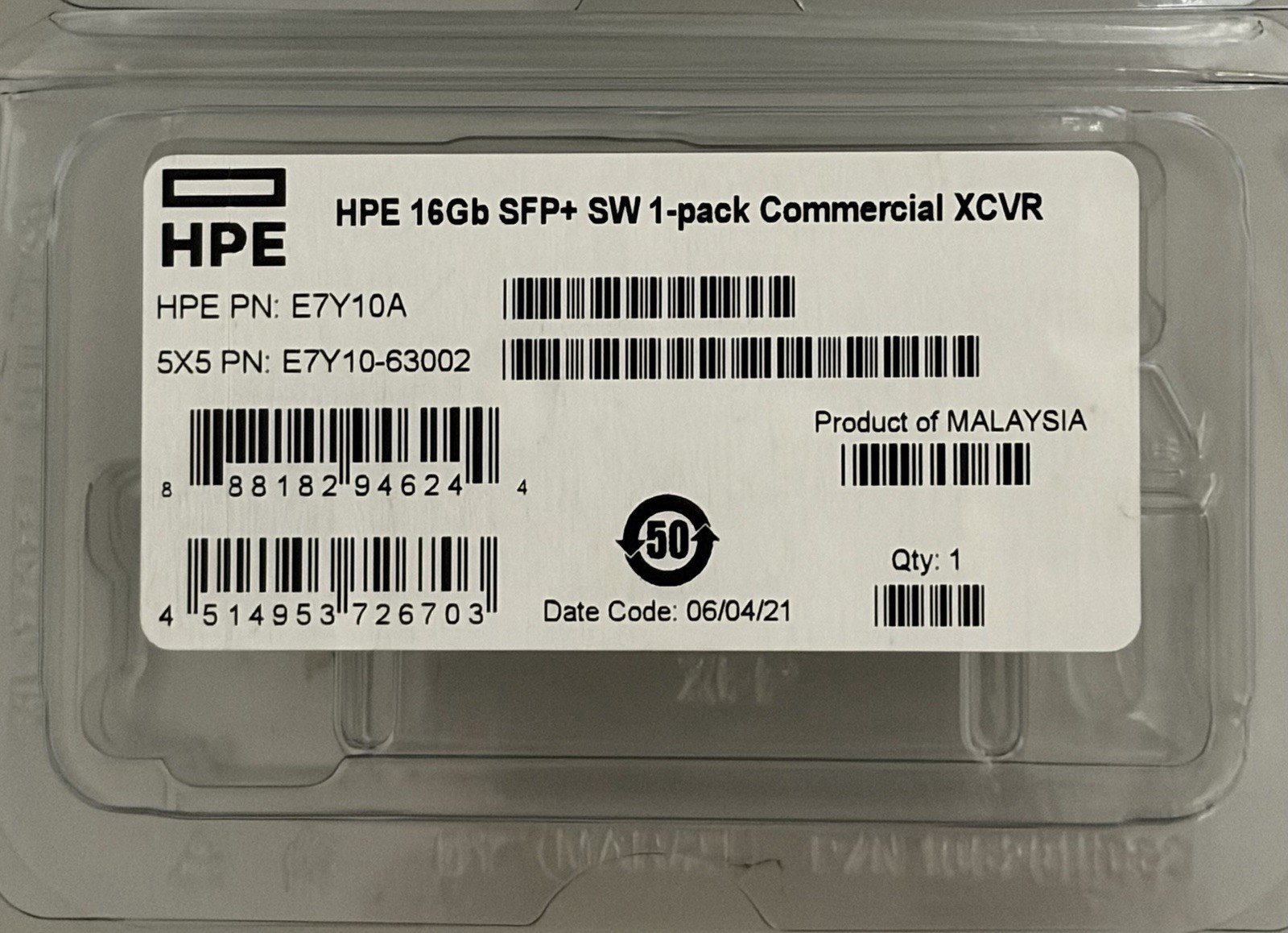 New In Clamshell HPE Transceiver Module SFP+ 16GB FC SW E7Y10A XCVR E7Y10A-63002