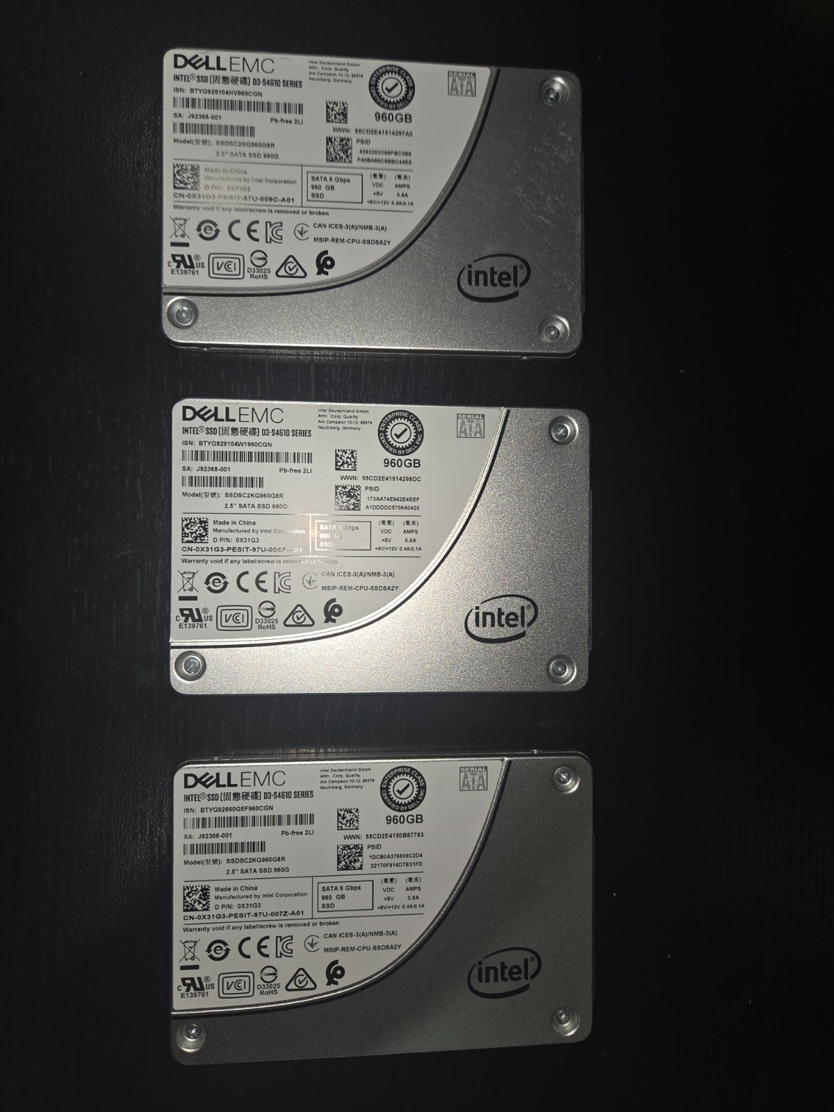 3 Dell Intel D3-S4610 960GB SATA 2.5" SSD 0X31G3 SSDSC2KG960G8R 100% Health